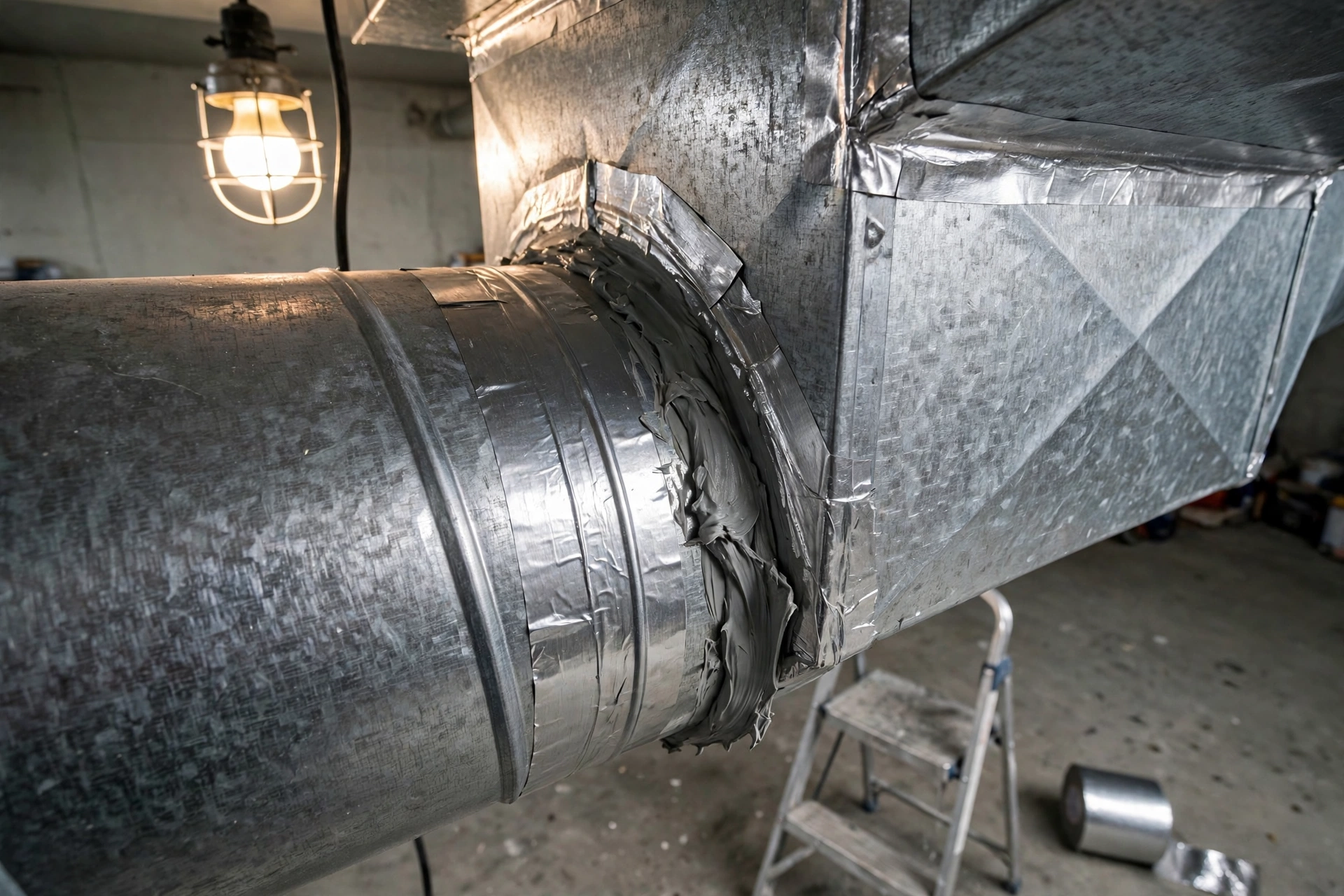 Galvanized duct joints sealed with foil tape and gray mastic in a bright basement