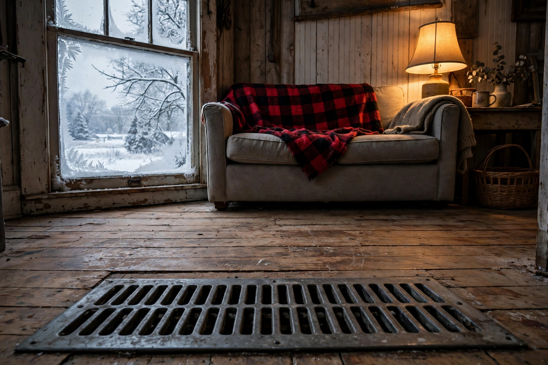 A large metal floor register in worn wood flooring in an old farmhouse living room