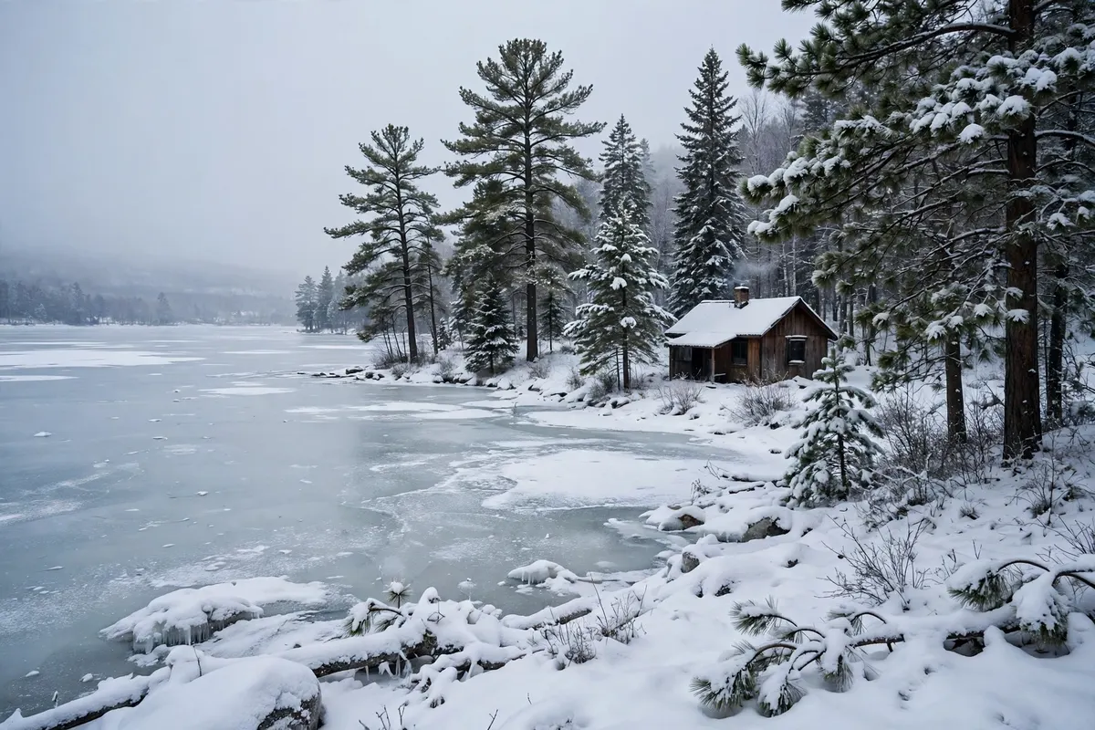 A frozen Wisconsin lake shore in winter with pine trees