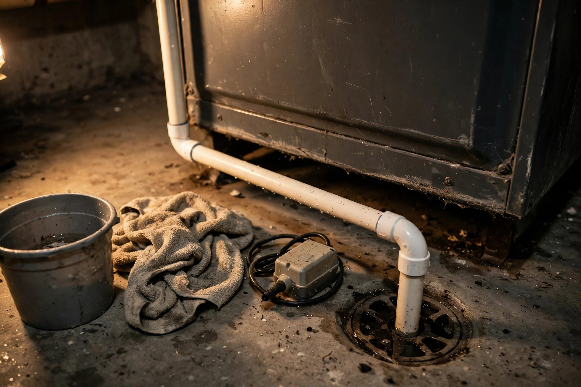 A white PVC condensate drain line running from a furnace to a floor drain with a bucket and towel nearby