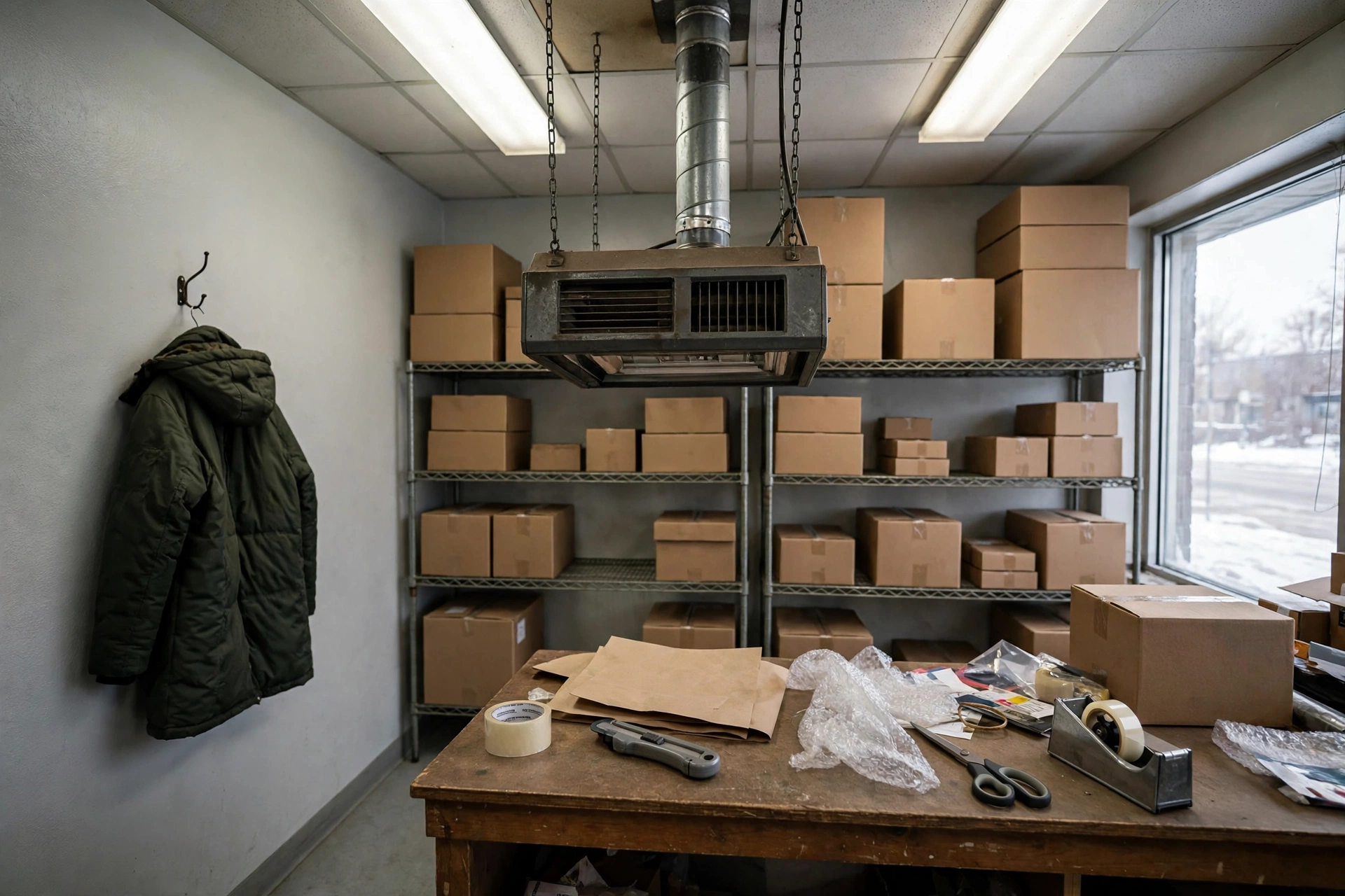 A ceiling-hung unit heater in a small shop with boxes on shelves and a coat on a hook