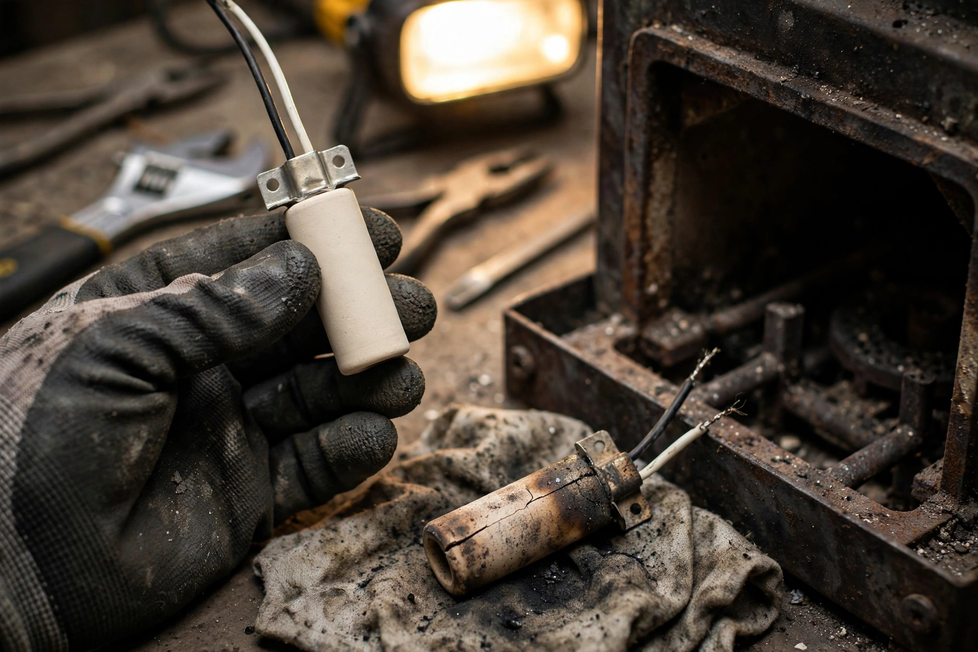A gloved hand holding a new ceramic igniter beside a cracked old igniter on a rag