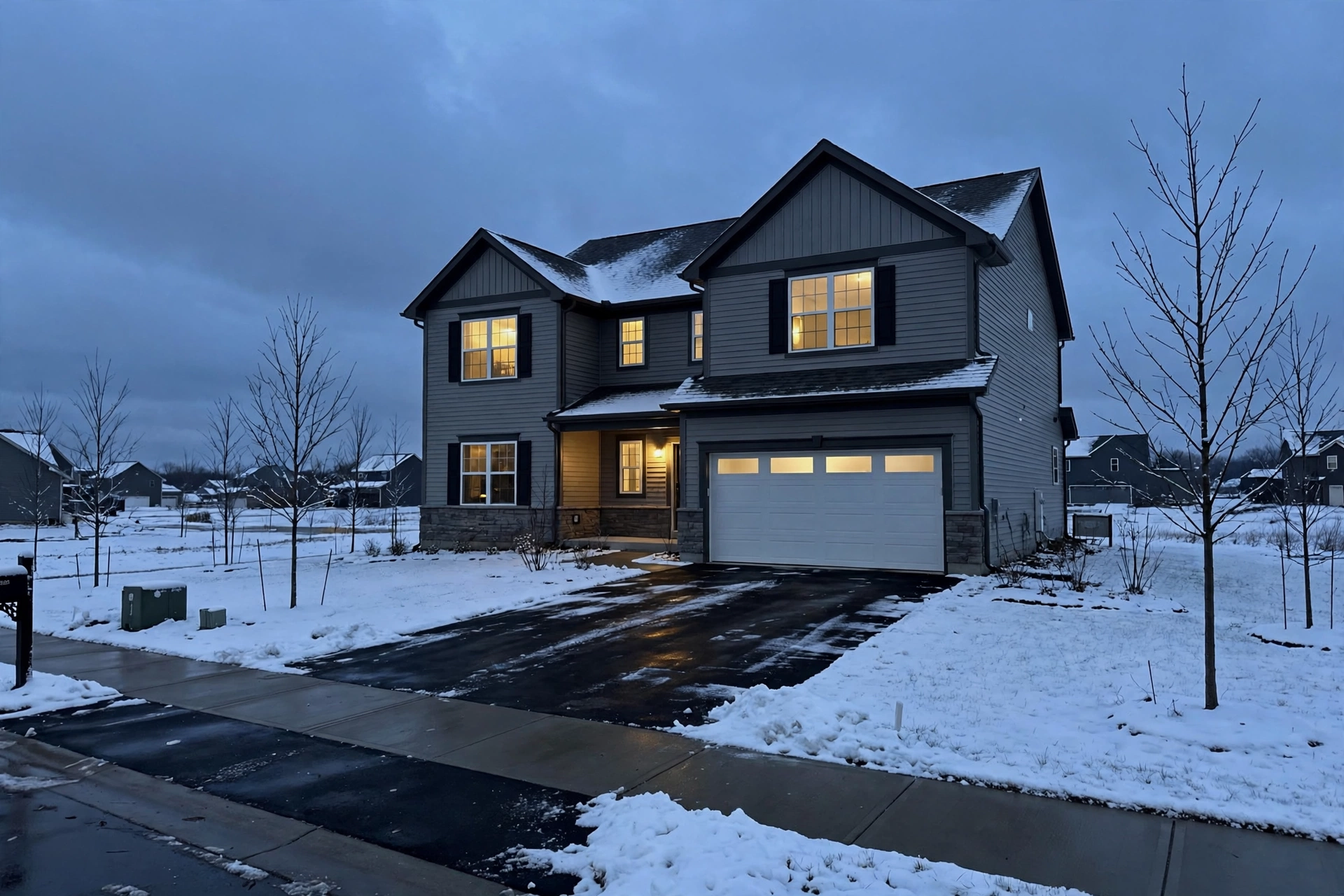 A newer two-story subdivision home in Greenville at dusk with warm lights and snow on the driveway