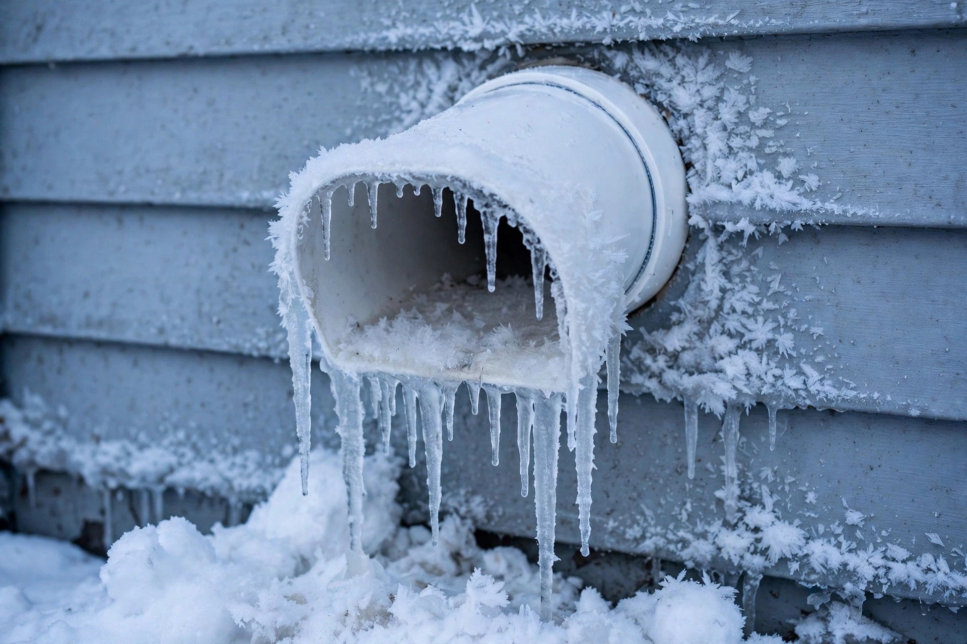 A white PVC furnace vent rimmed with frost and icicles on a house wall