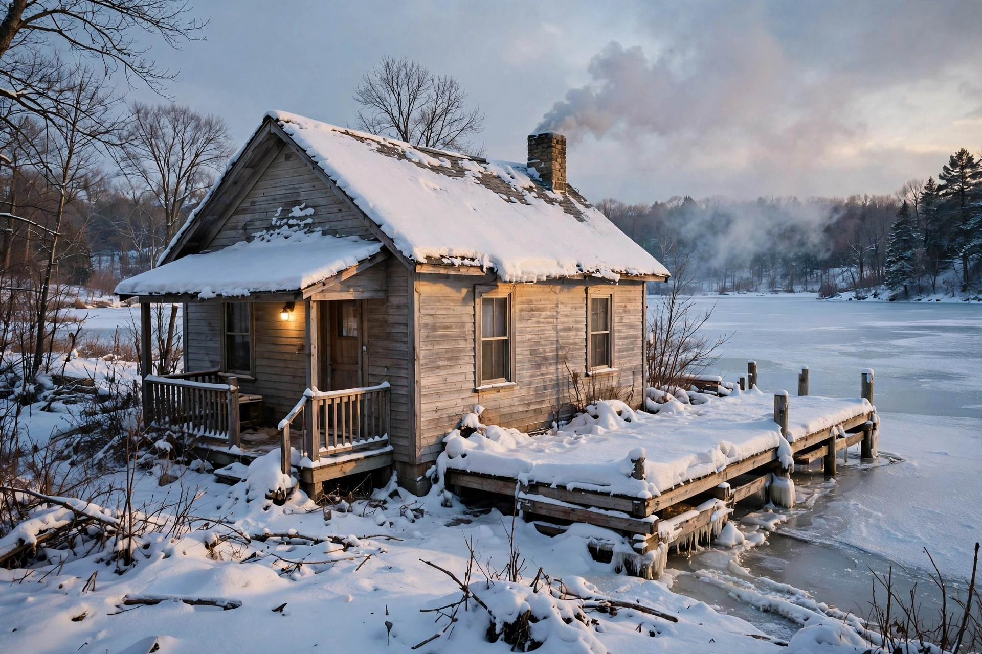A small lake home with a snow-covered dock beside a frozen lake at dusk
