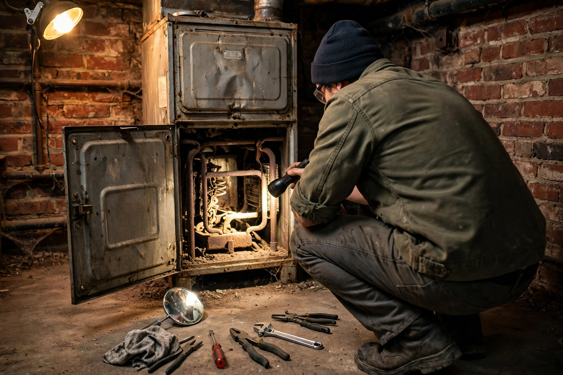 A technician shining a flashlight into an open older furnace with an inspection mirror and tools on the floor
