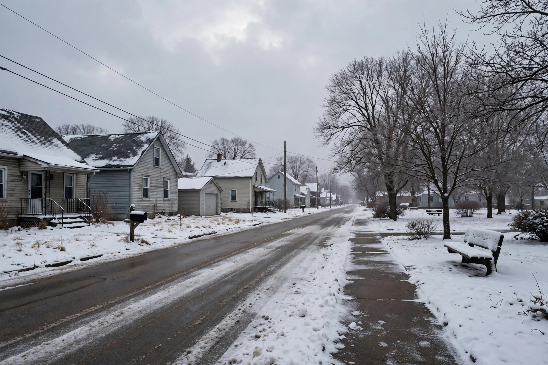 A quiet Kimberly village street in winter with snow-covered houses and a park bench