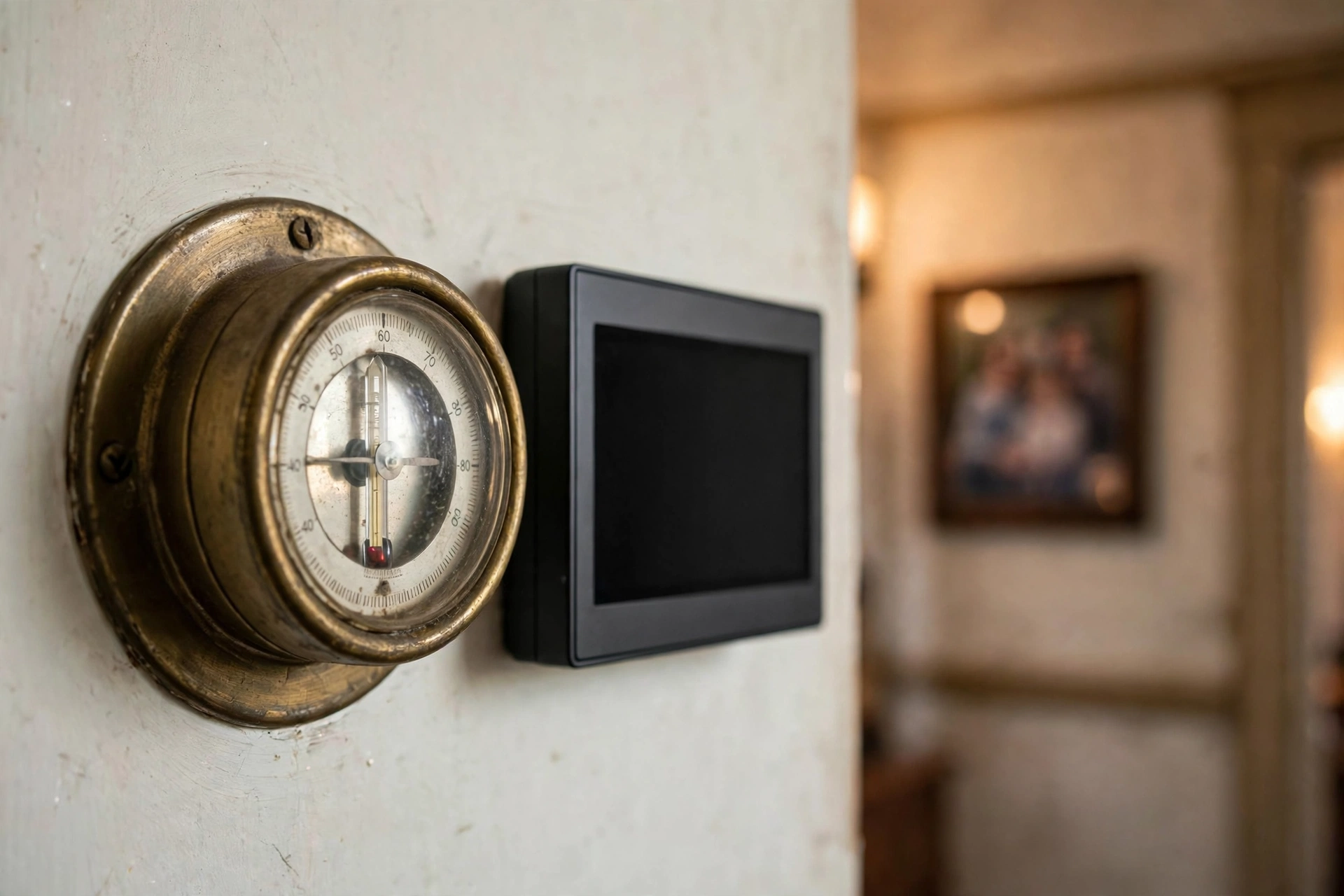 An older round wall dial beside a modern rectangular thermostat control on a hallway wall