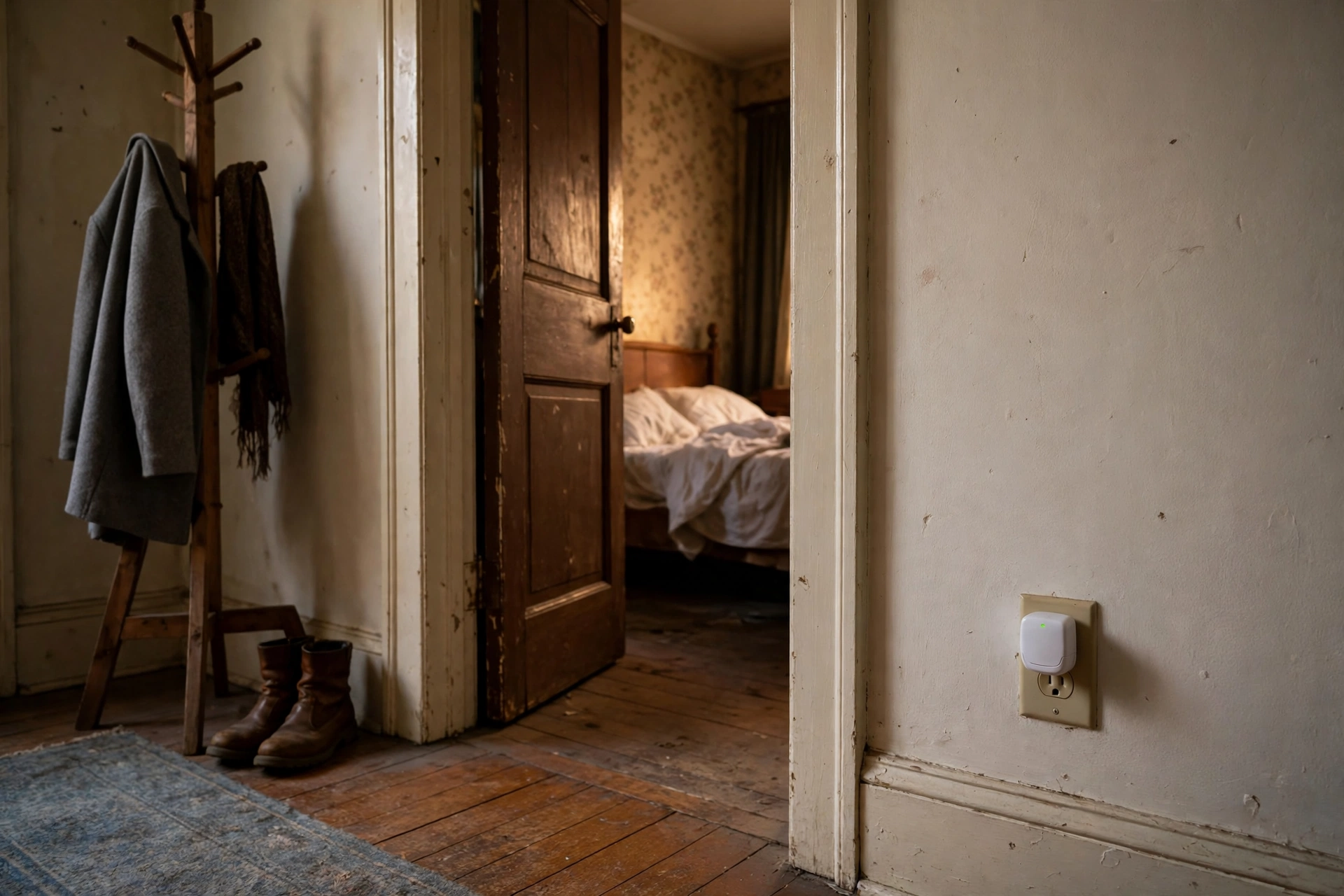A small white carbon monoxide detector plugged into a hallway outlet near a bedroom door