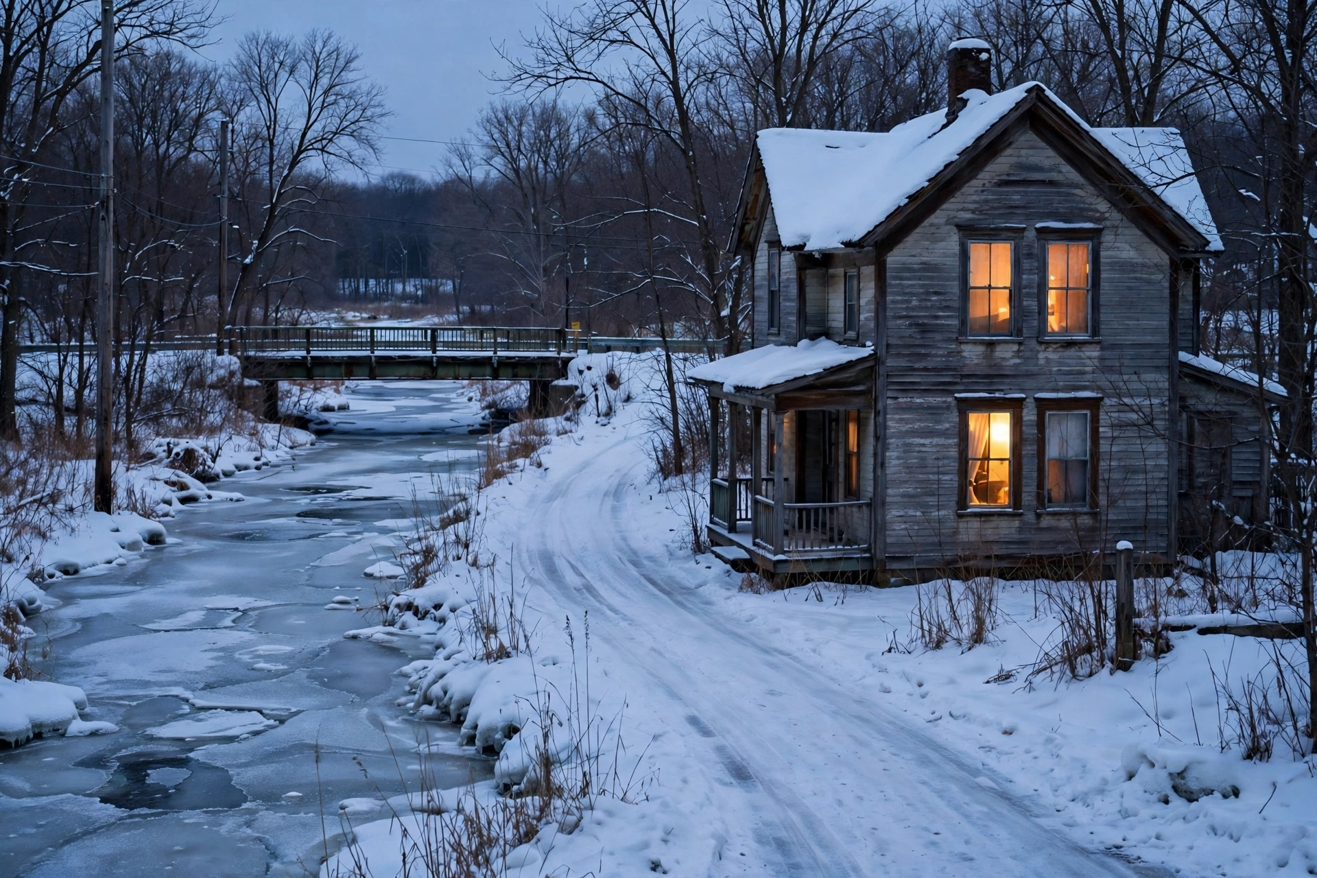 An older island home beside a frozen river channel with a small bridge in the background at dusk