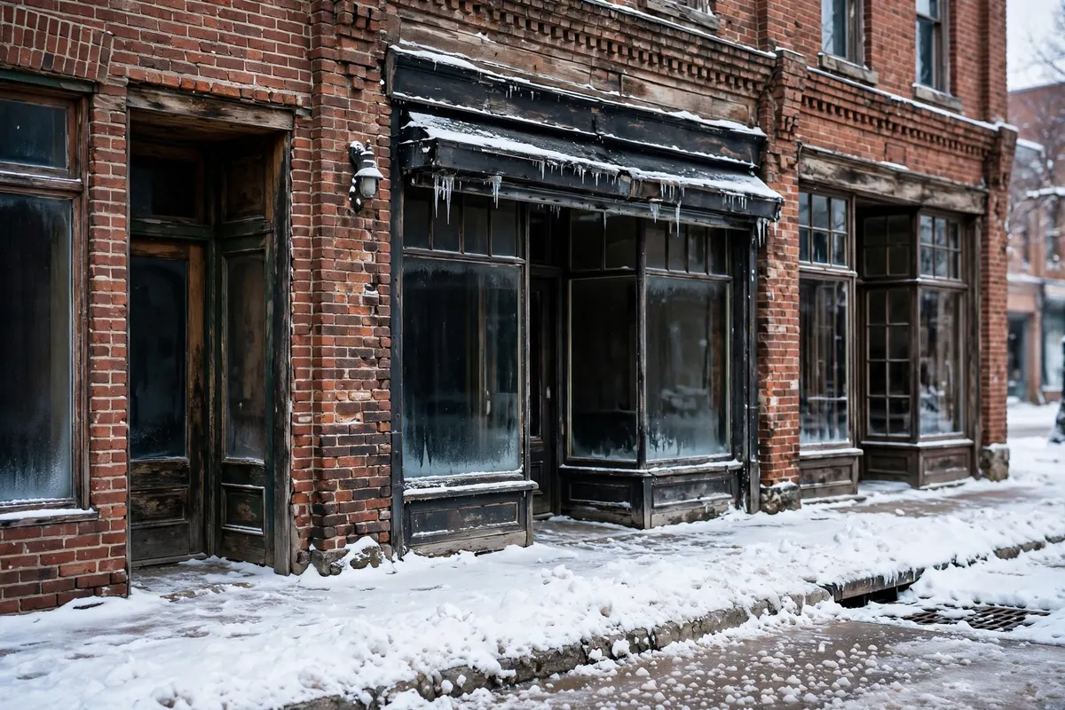 An old brick storefront block in a small Wisconsin town in winter