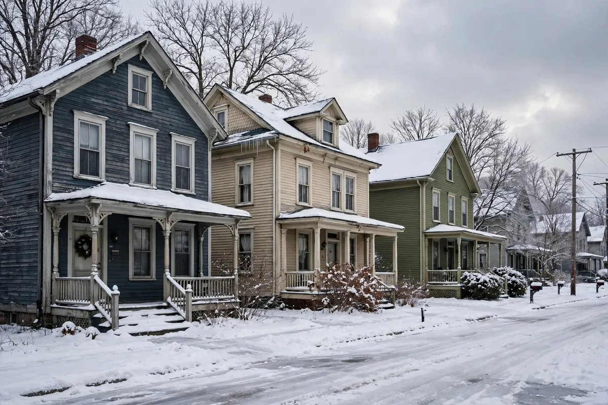 Older two-story Wisconsin homes with porches in winter