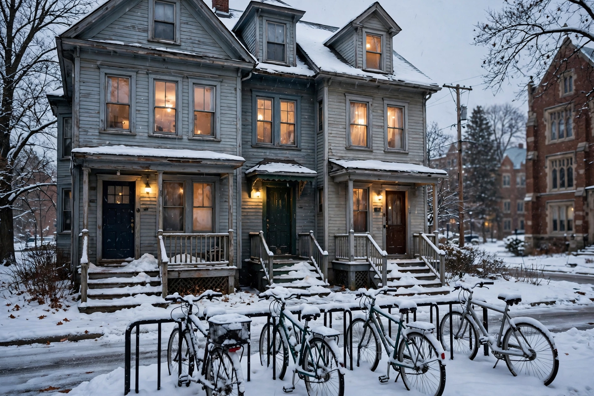 A converted older house near a campus in Oshkosh with separate entrances and snow-covered bicycles outside