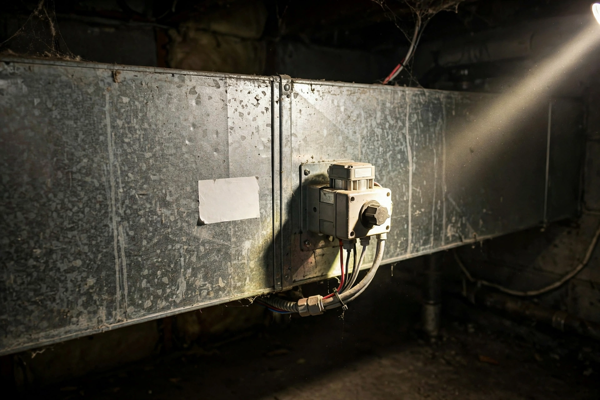 A motorized zone damper box with wiring mounted on a galvanized duct in a basement