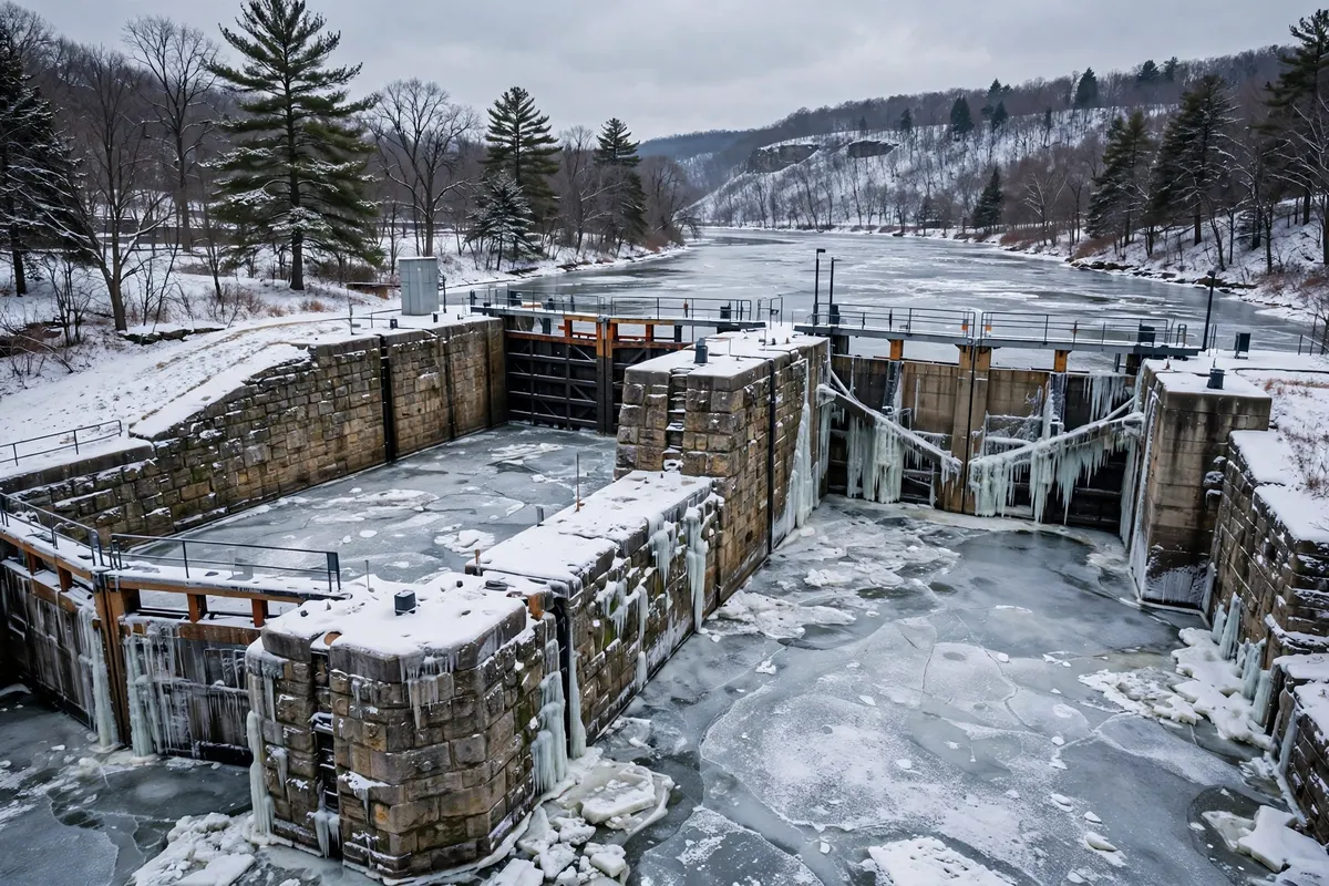 A Wisconsin river lock and dam in winter with ice on the water