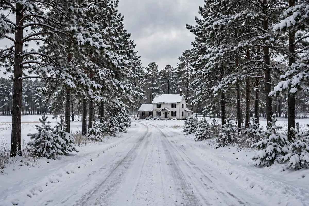 A Wisconsin rural home with a long driveway in winter