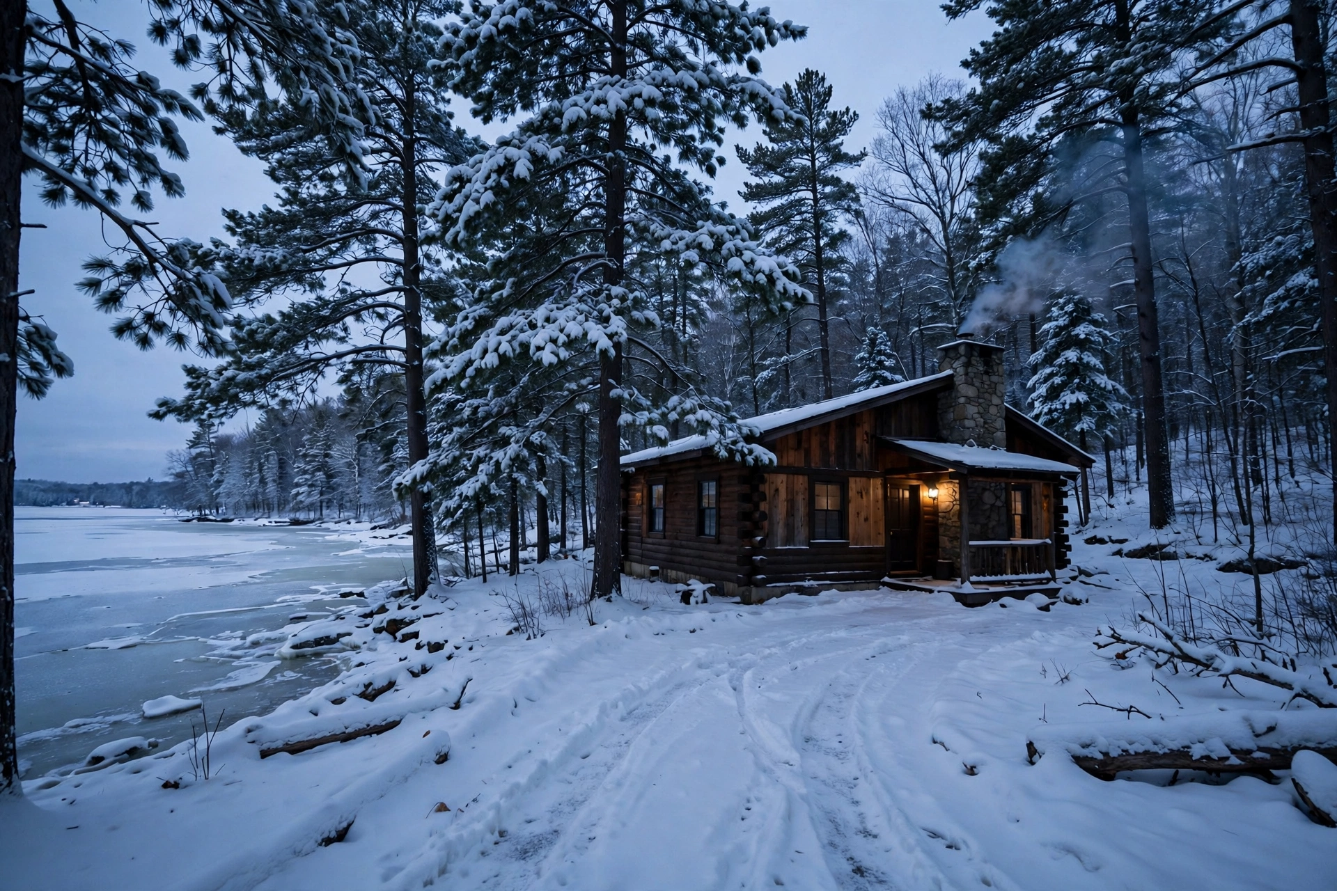 A wooded lakeshore cabin near Sherwood in snow at dusk with smoke from a stone chimney