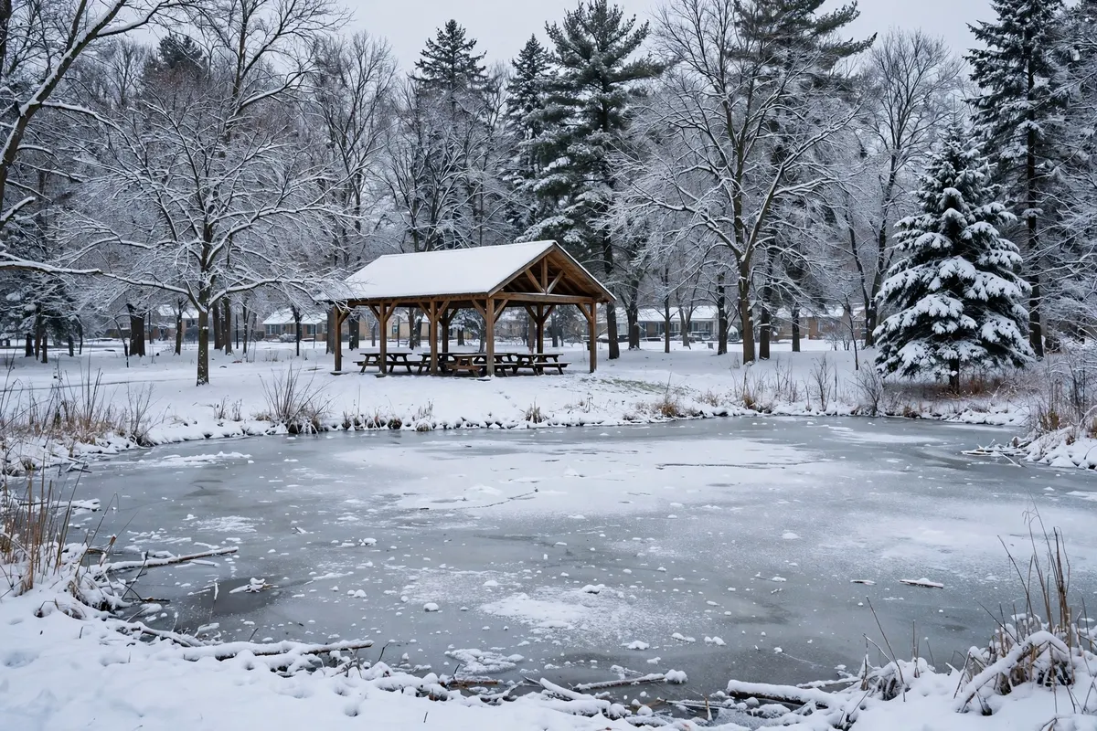 A Wisconsin town park in winter with a frozen pond and pavilion
