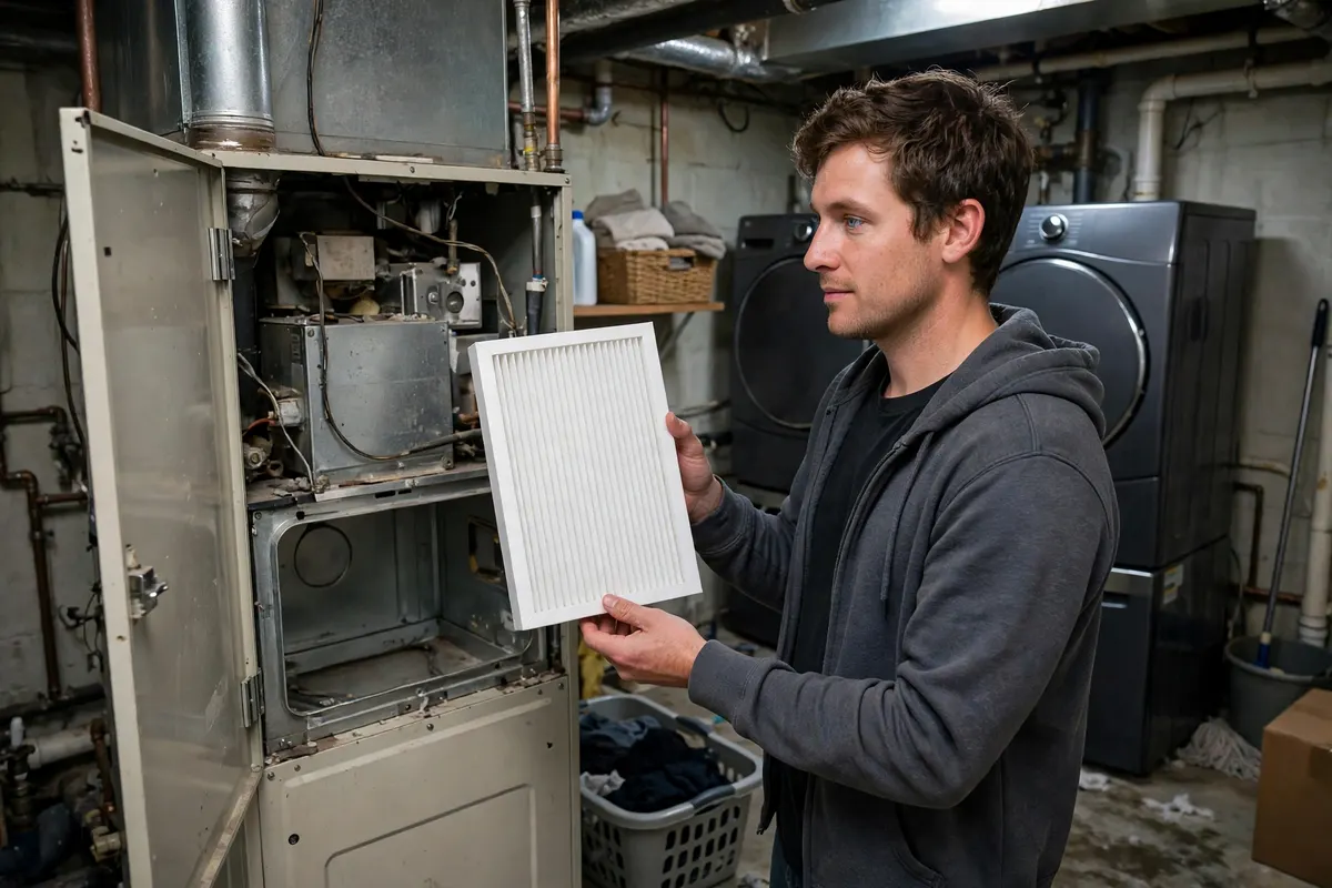 A person holding a clean furnace filter beside an open furnace