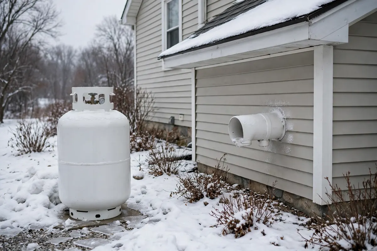 A propane tank beside a home in snow
