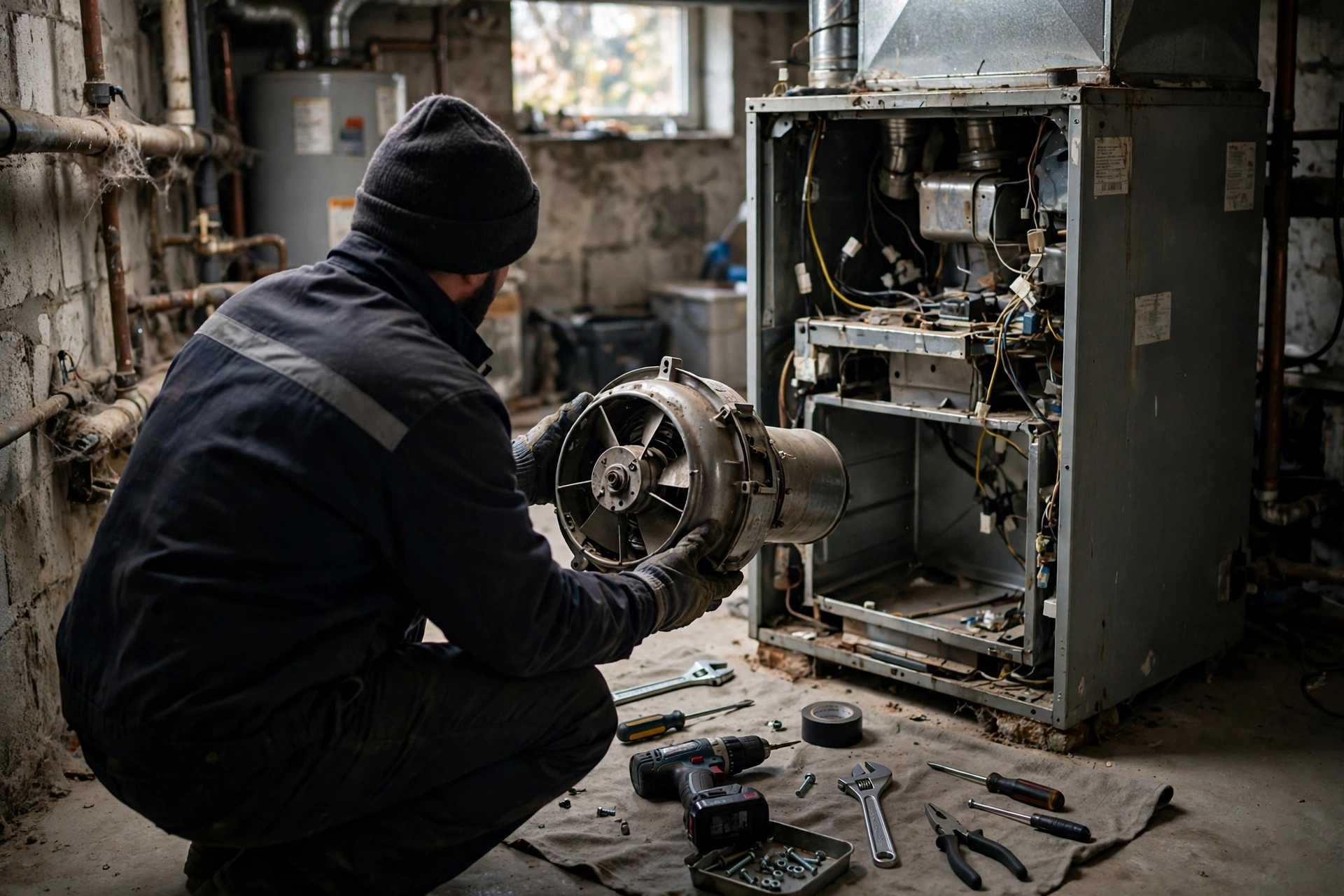 Technician removing a blower motor from an open furnace cabinet