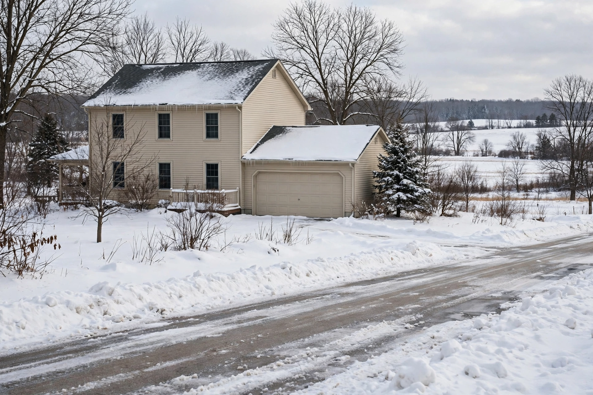 Quiet country town home in snow on a rural road
