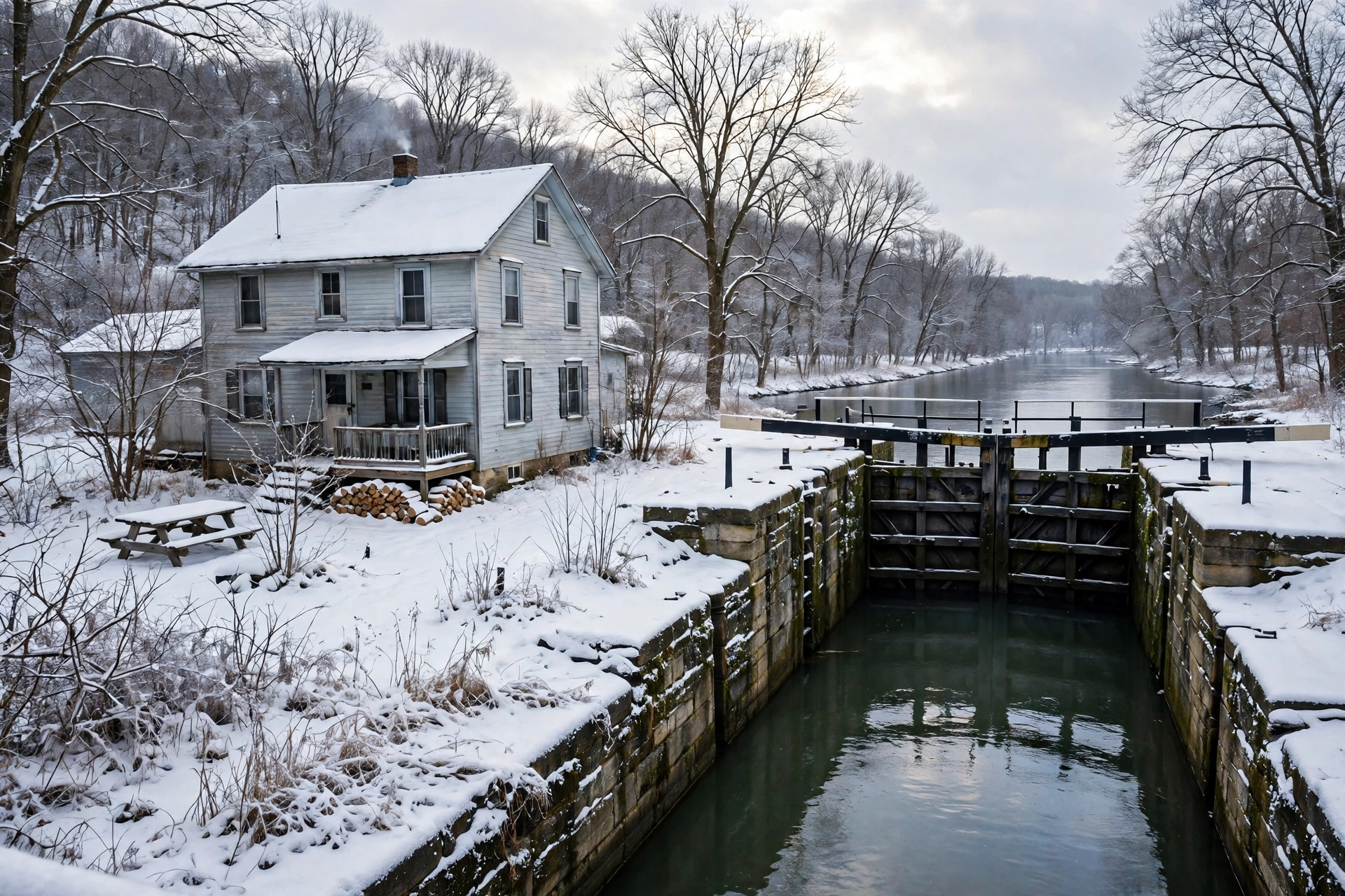 Small river village home in snow near a canal lock