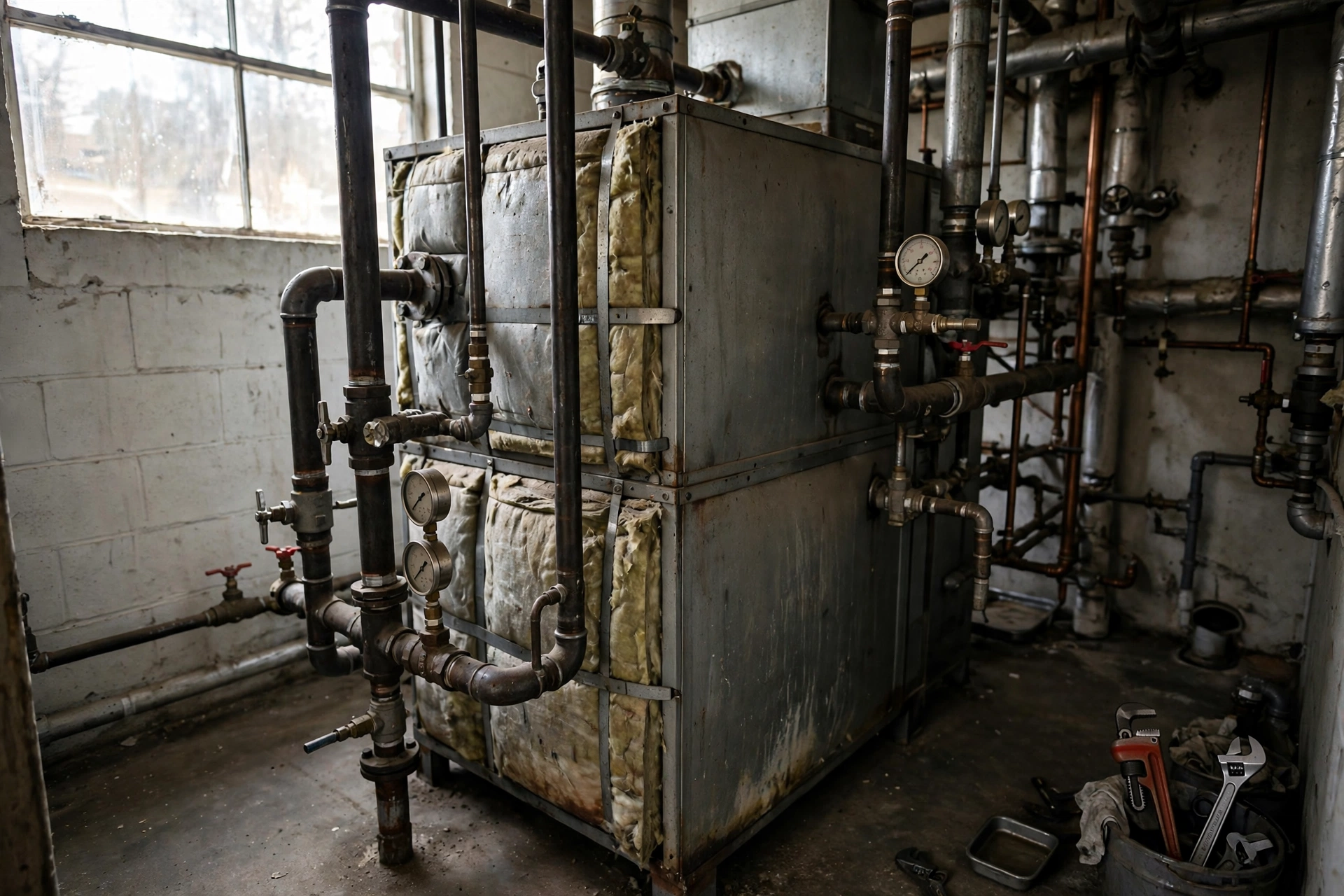 Large commercial furnace unit in a small business boiler room
