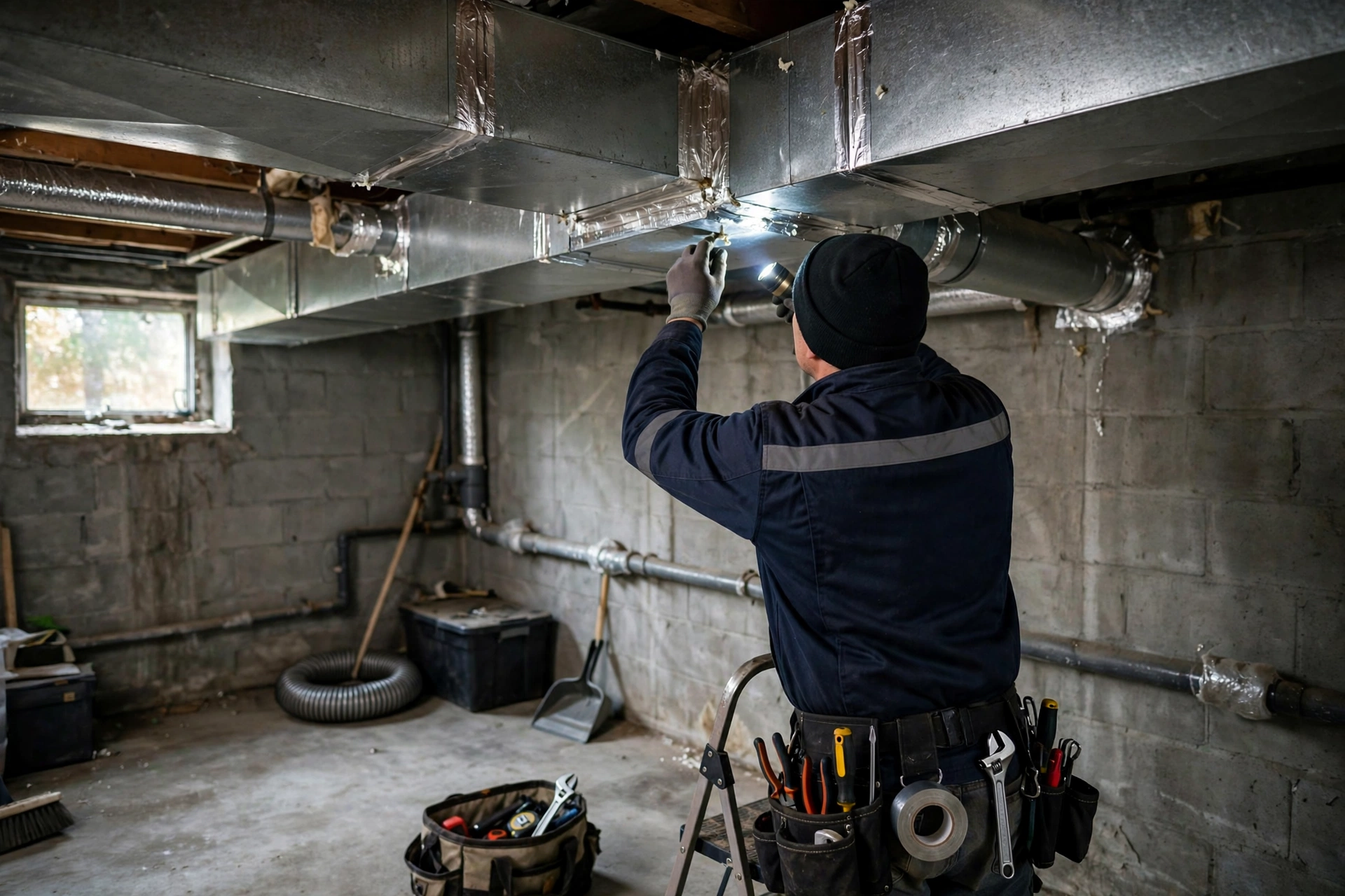 Technician checking ductwork joints in a basement ceiling