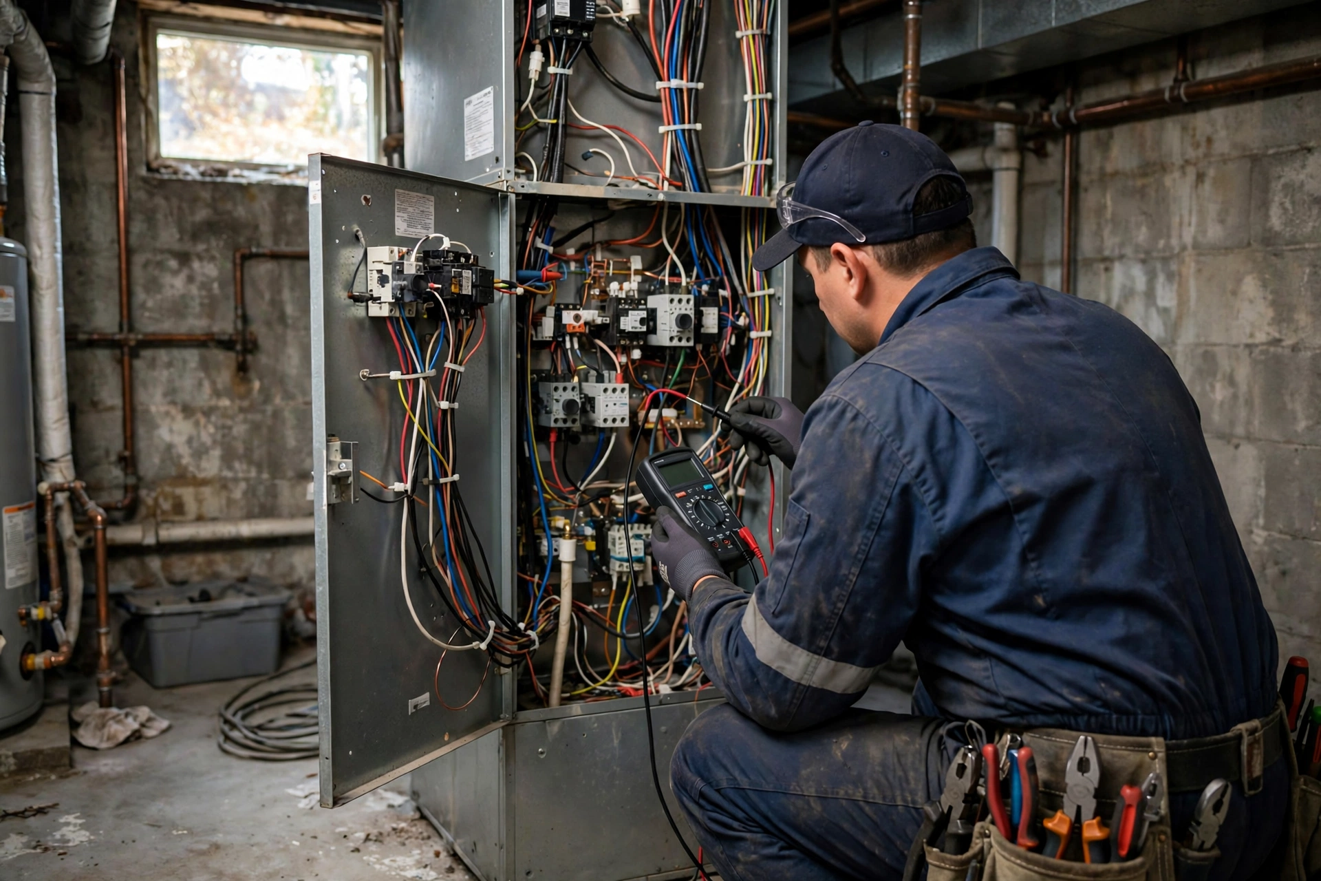 Technician testing an electric furnace control panel with a meter