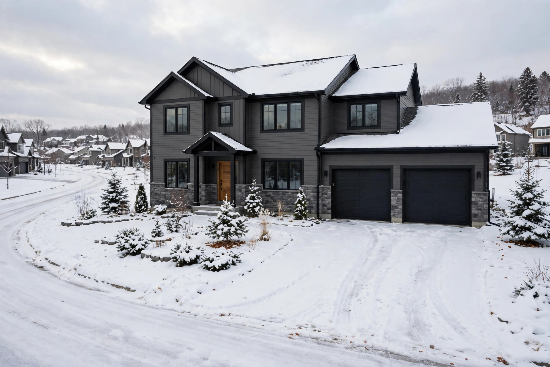 Newer suburban village home in snow