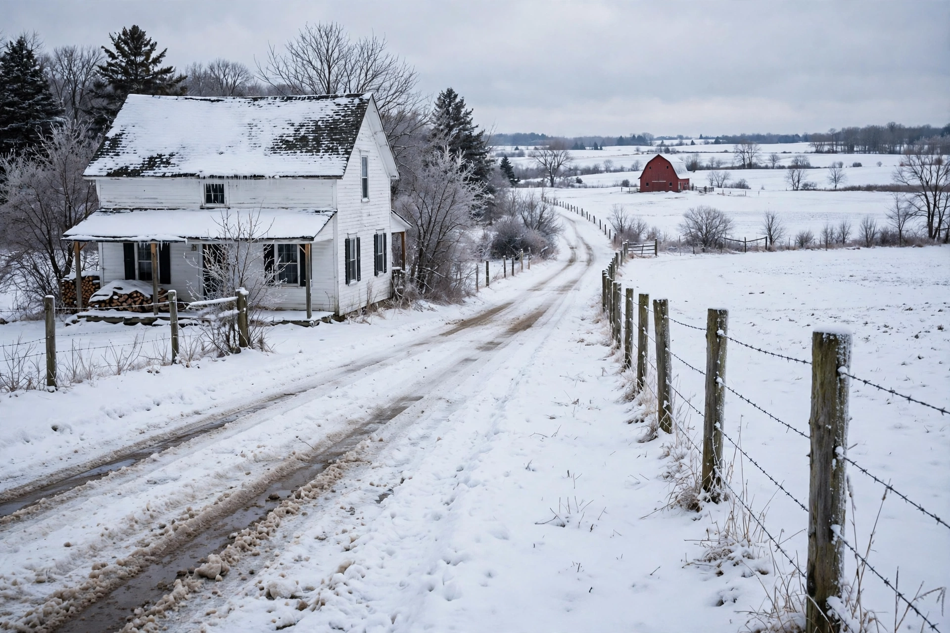 Rural farmhouse in snow on a country road