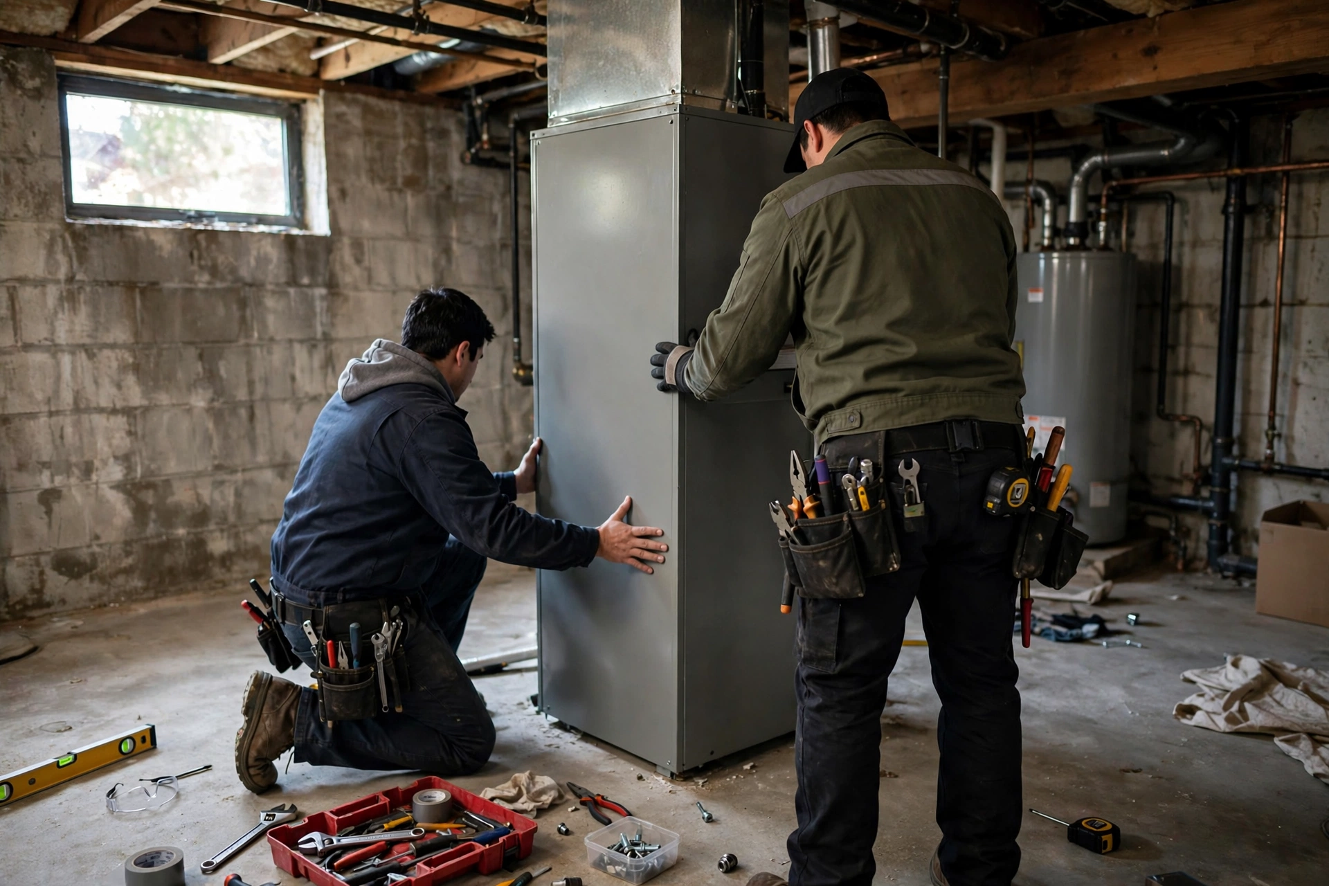 Technicians installing a new furnace in a basement