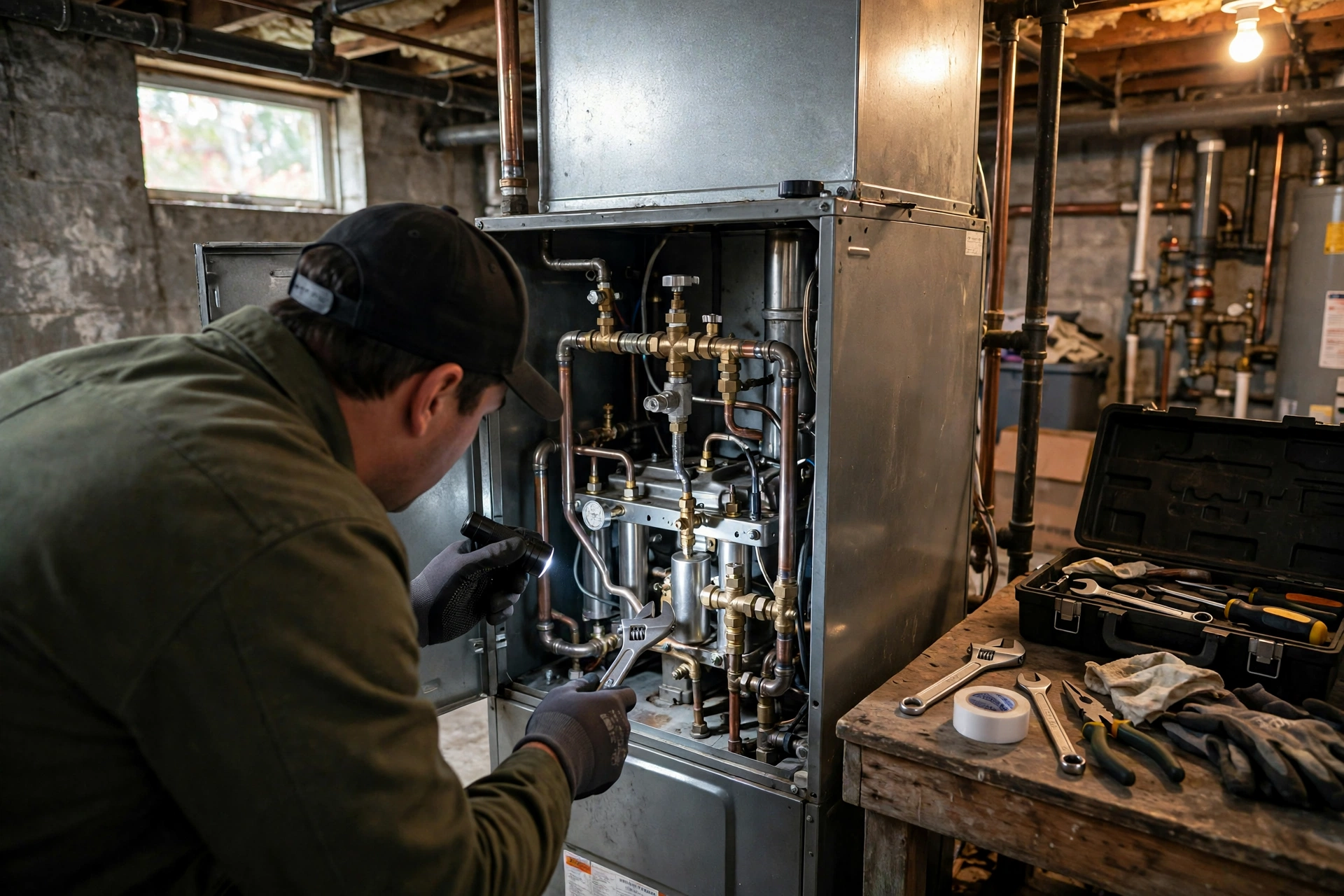 Technician inspecting a gas furnace burner assembly in a basement