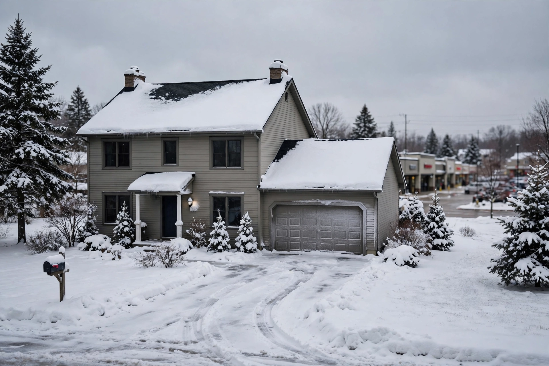 Suburban home in snow near a shopping corridor in winter
