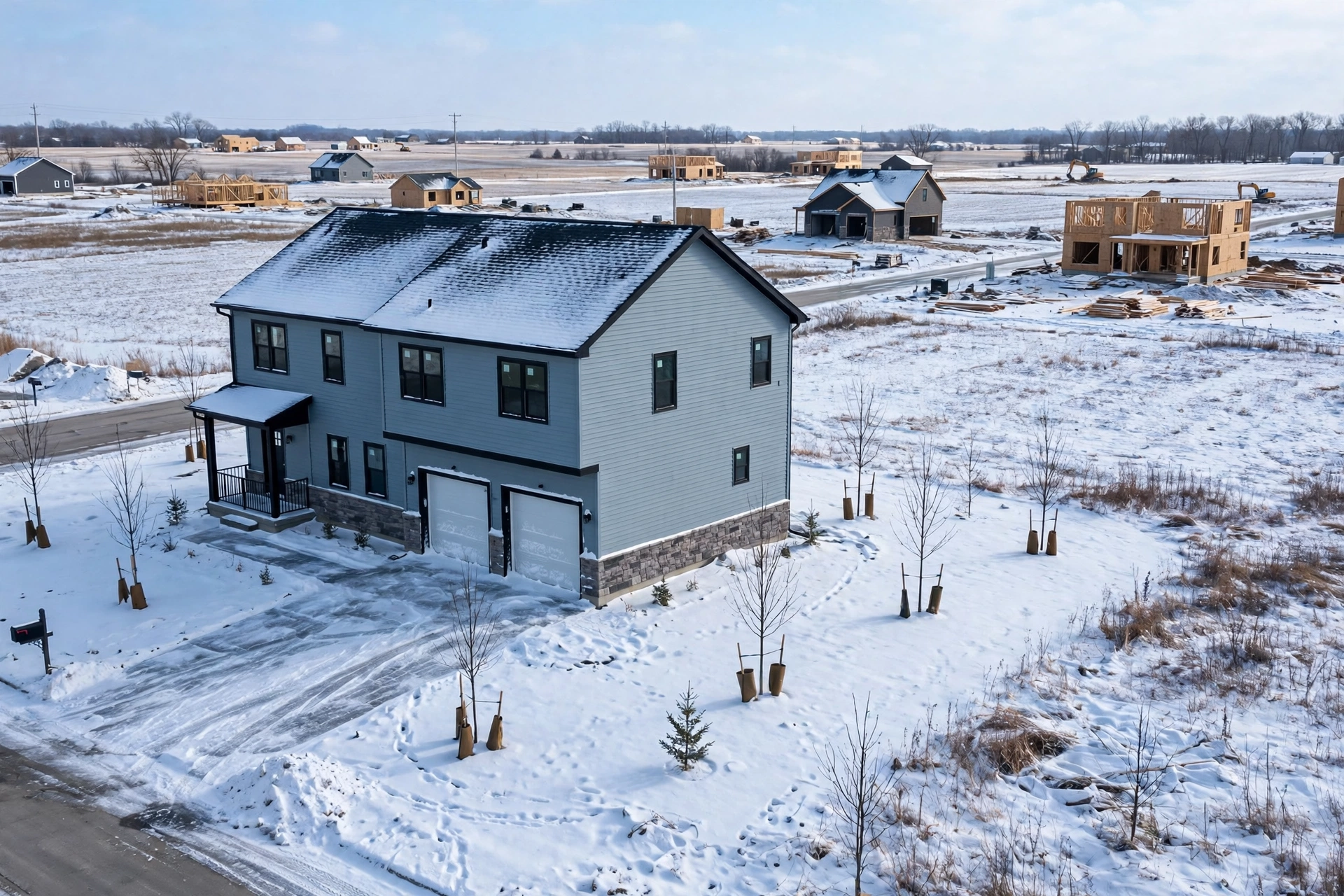 New subdivision home in snow on a growing town edge