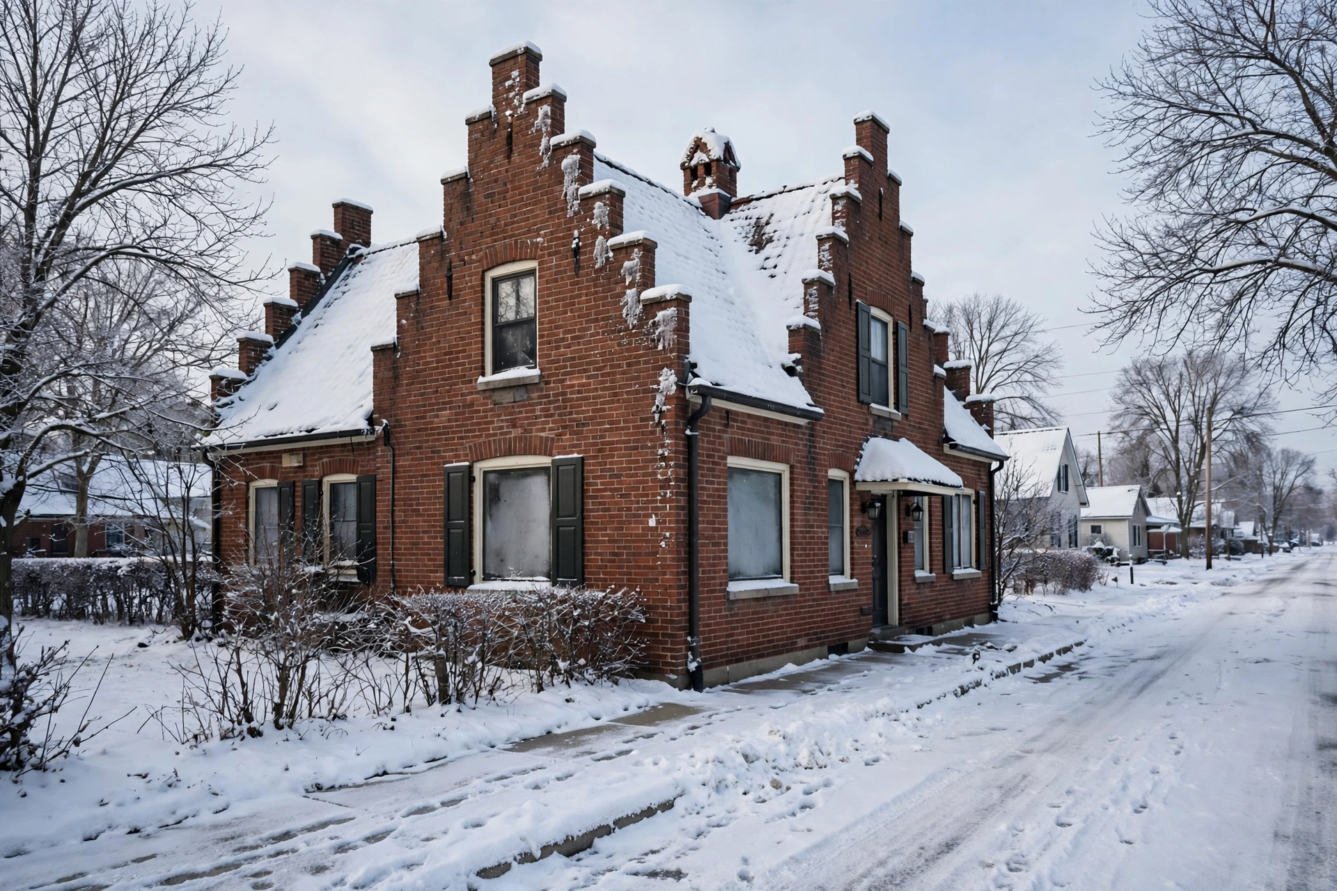Village home with Dutch-style gables in snow