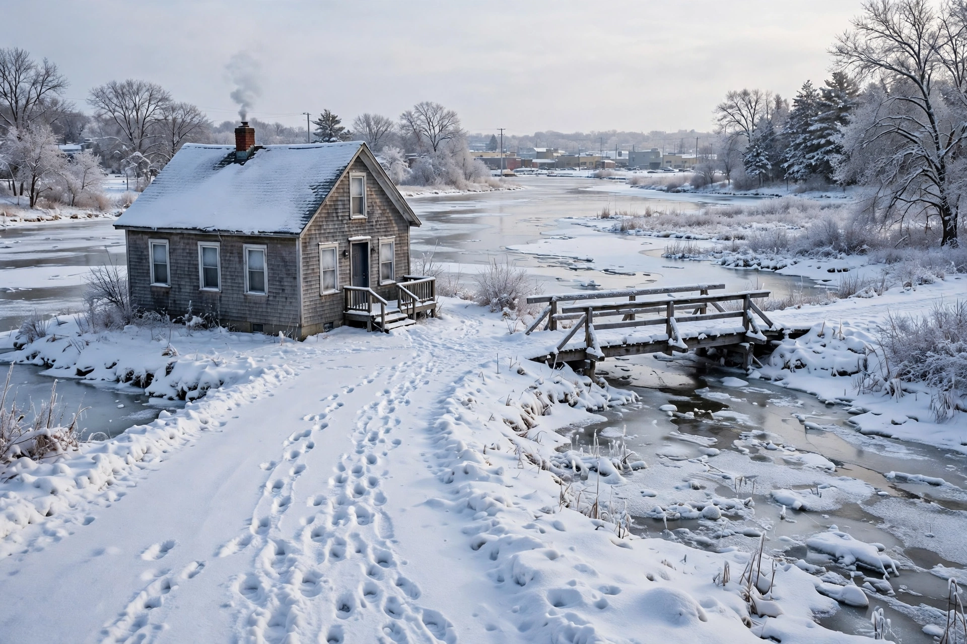 Island city home in snow with a lake channel nearby