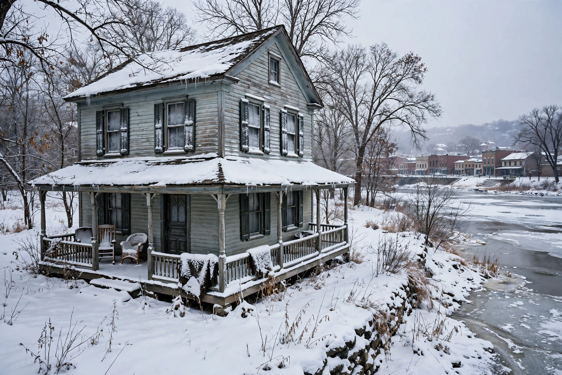 Older riverside home in snow near a river town downtown