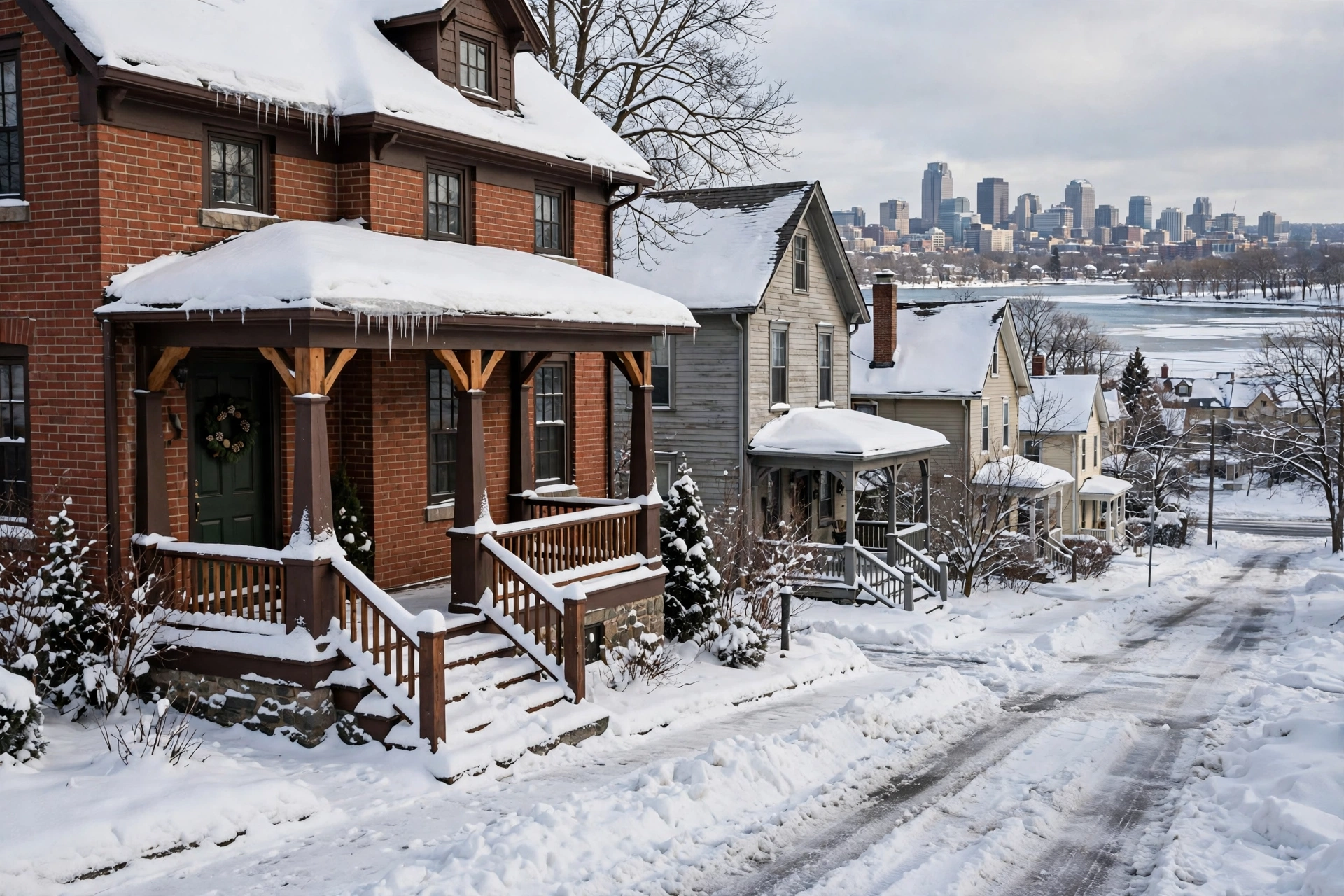 City home in snow near a downtown lake city