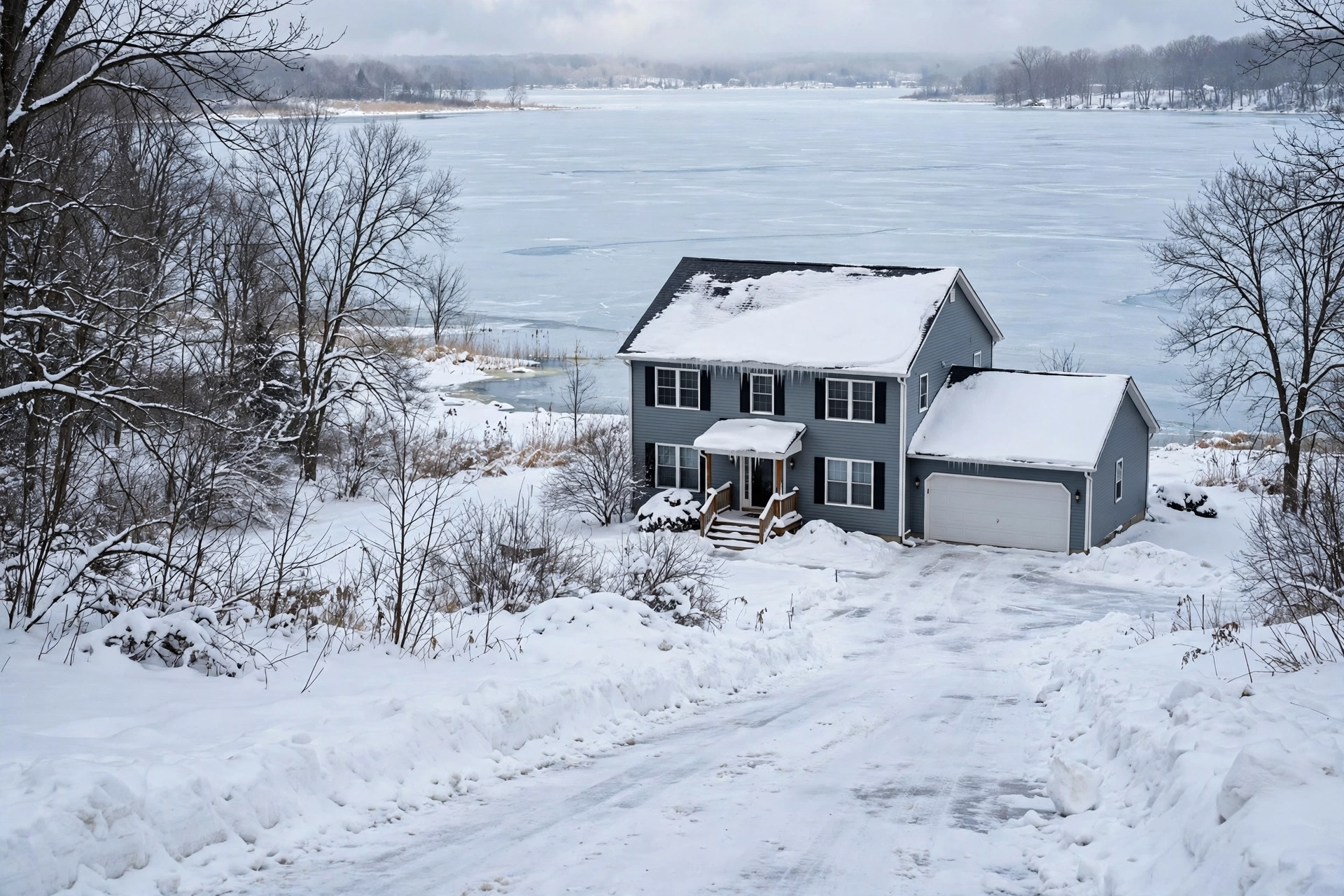 Lakeshore village home in snow with a lake nearby