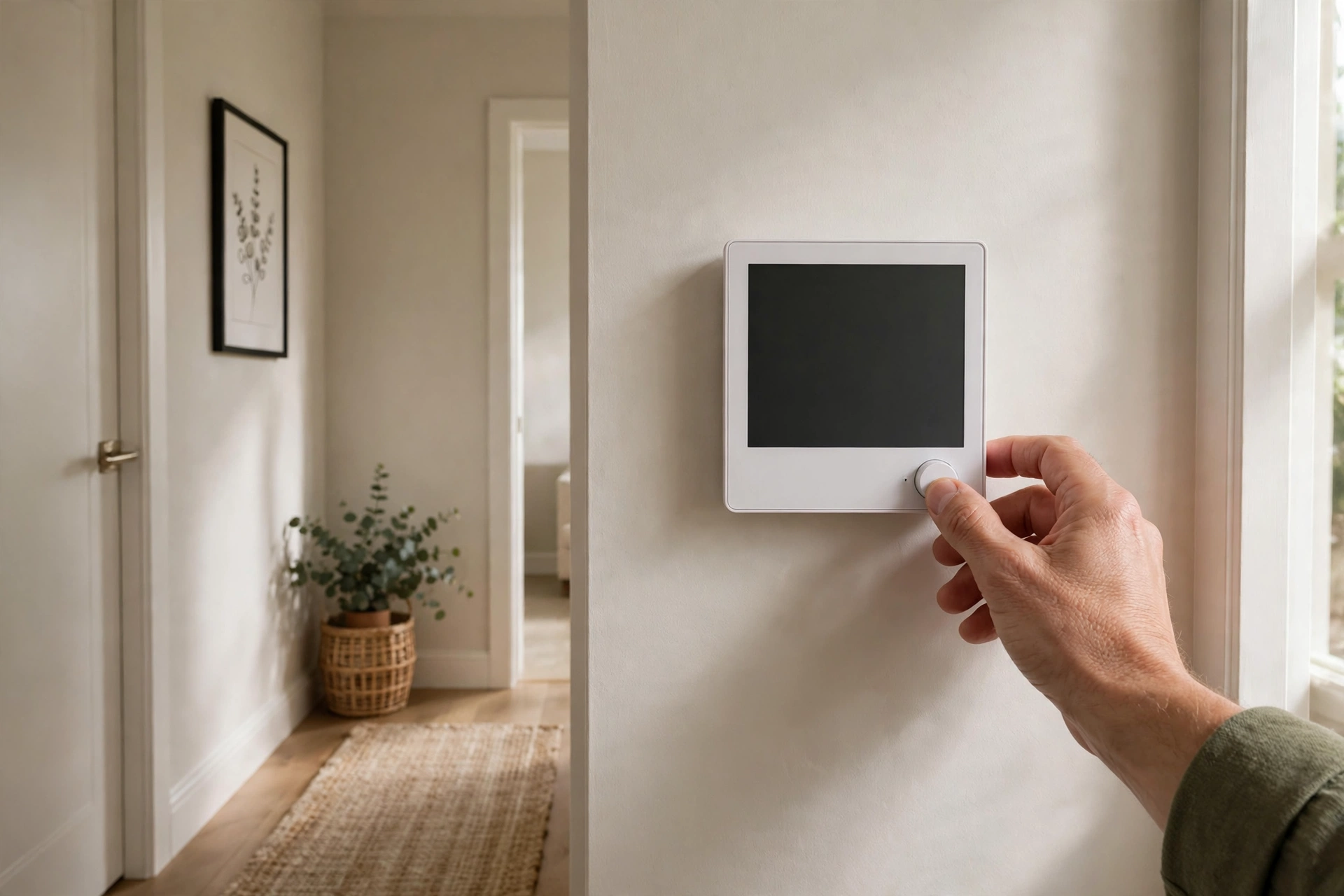 Hand setting a modern wall thermostat in a hallway