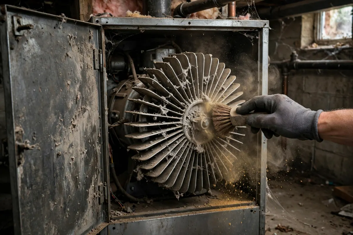 Gloved hand brushing a dusty blower wheel inside an open furnace