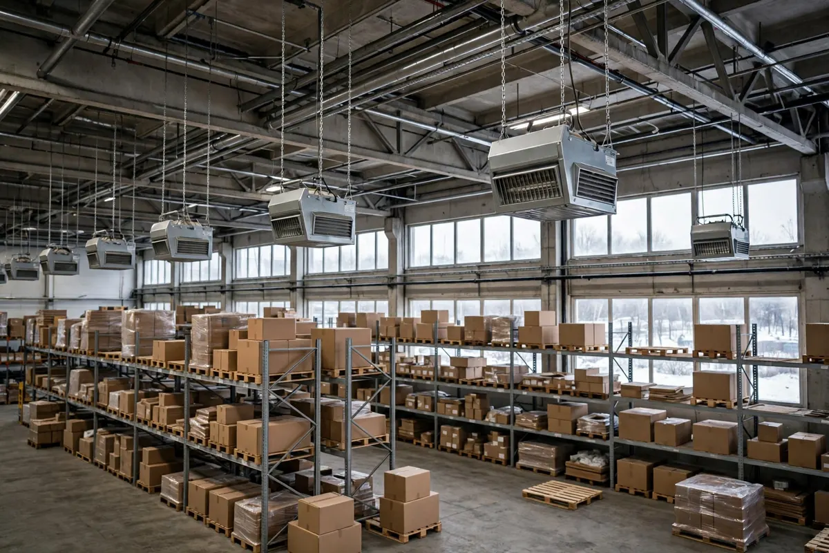 Warehouse interior with overhead unit heaters hanging from the ceiling