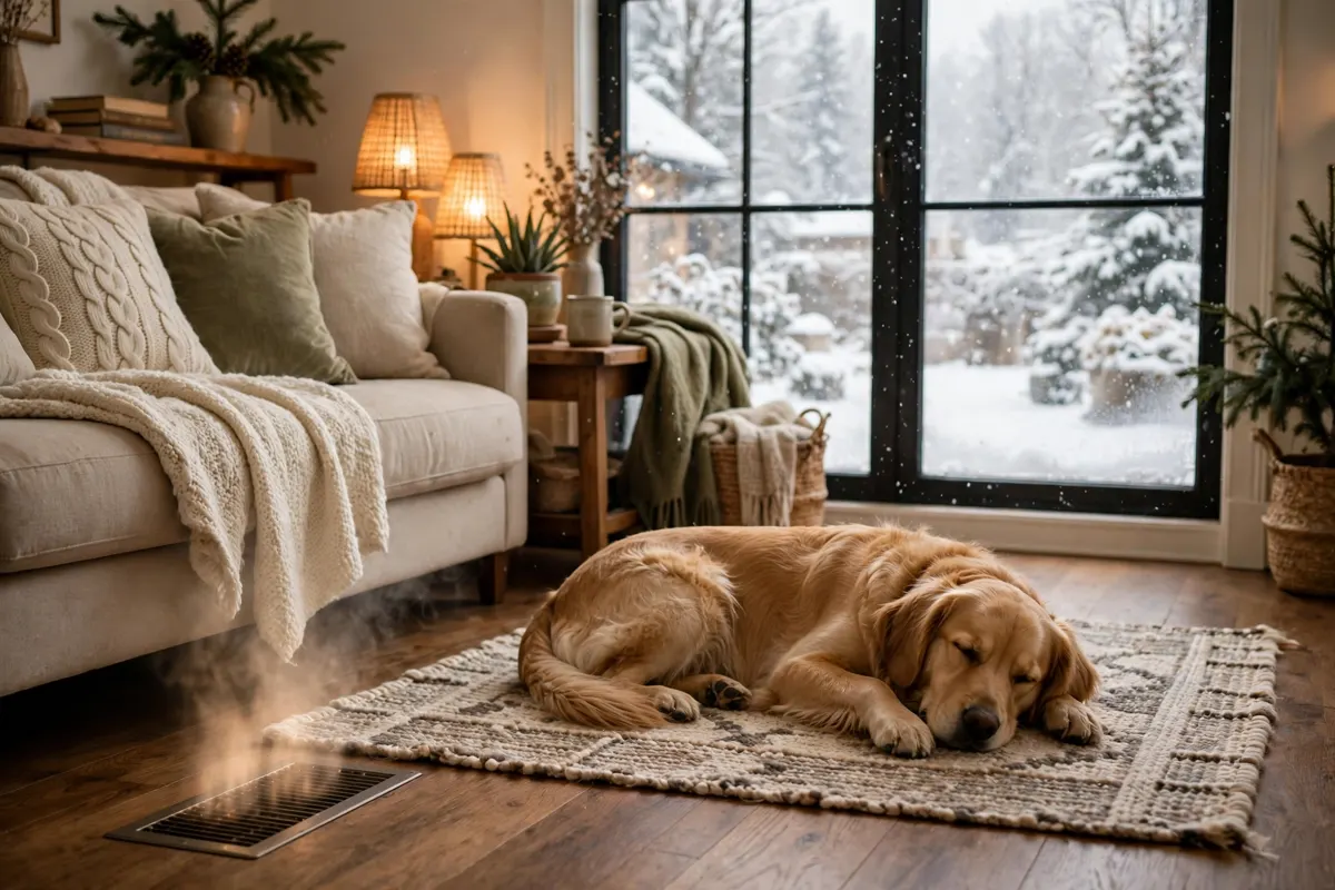 Warm living room in winter with a dog resting near a floor vent