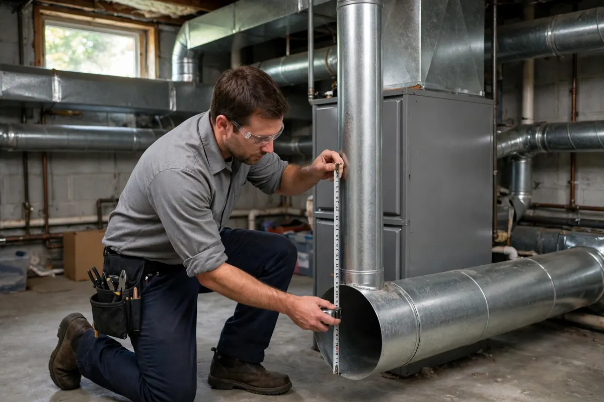 Technician measuring furnace vent pipe in a basement