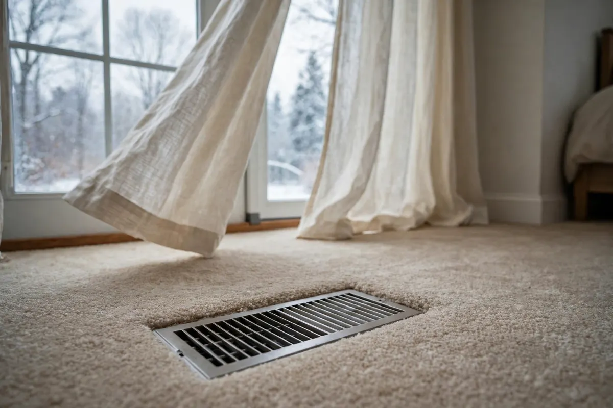 Floor heat register in a carpeted bedroom with curtains moving