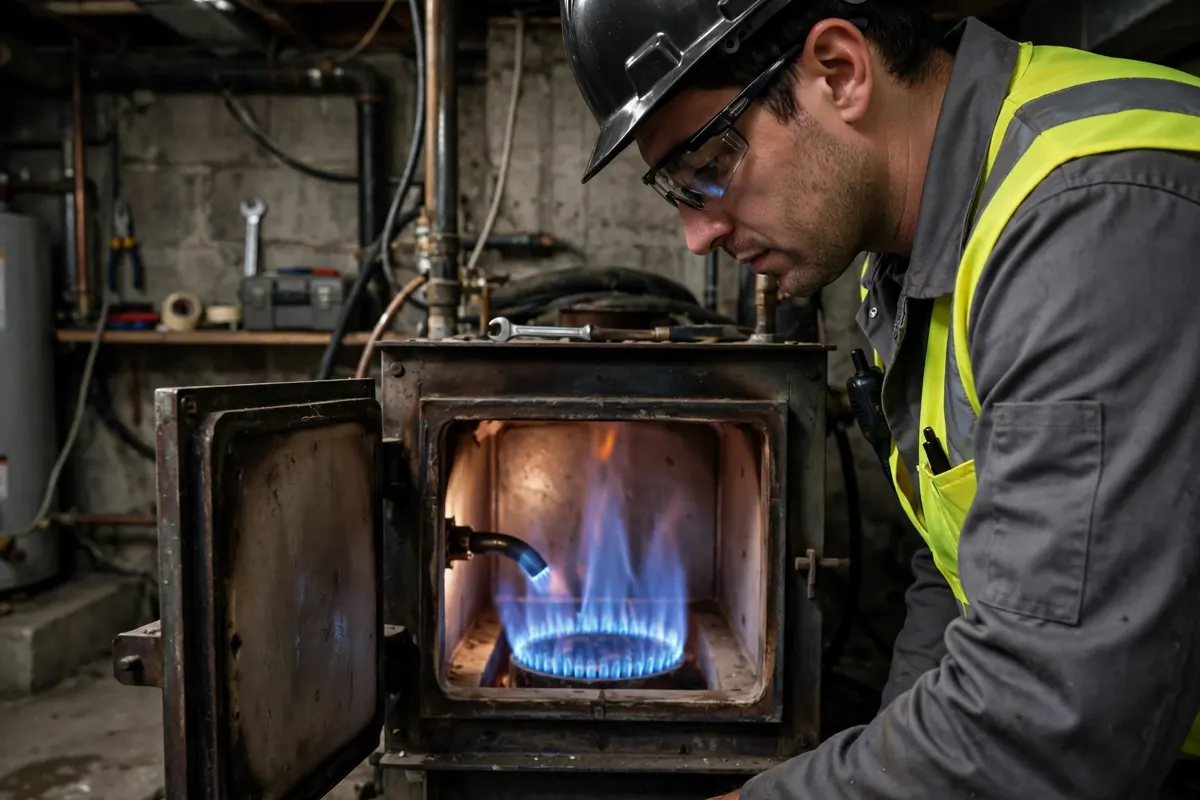 Technician watching a steady burner flame inside an open furnace during a safety check