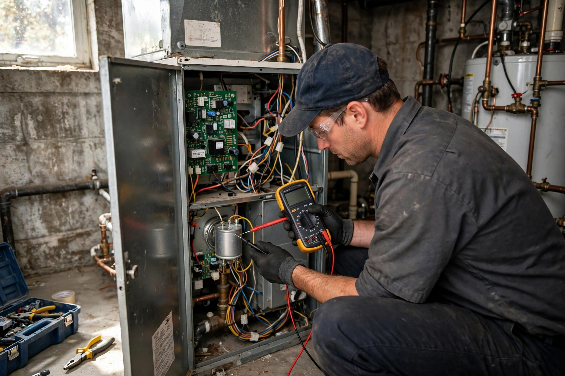 Technician testing a blower capacitor with a multimeter inside an open furnace