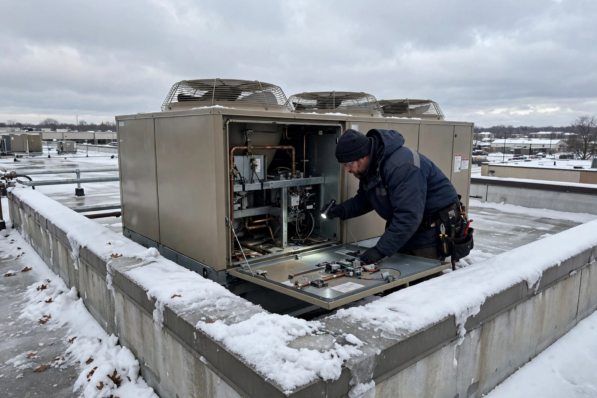 Technician inspecting a rooftop heating unit on a snowy commercial roof